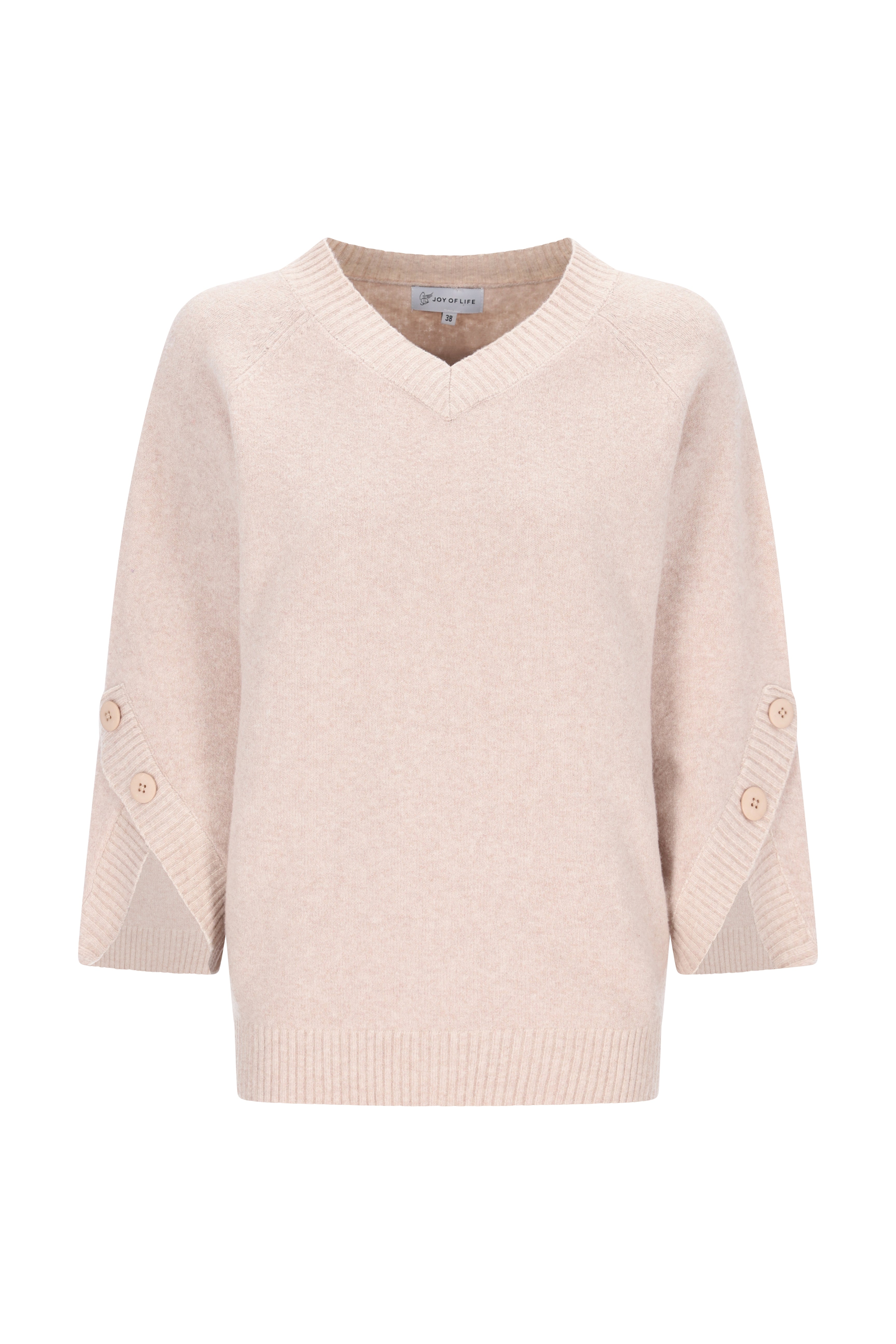 Weicher blushfarbener pullover 3/4 arm aus strick mit v-ausschnitt und dekorativen knöpfen an den manschetten