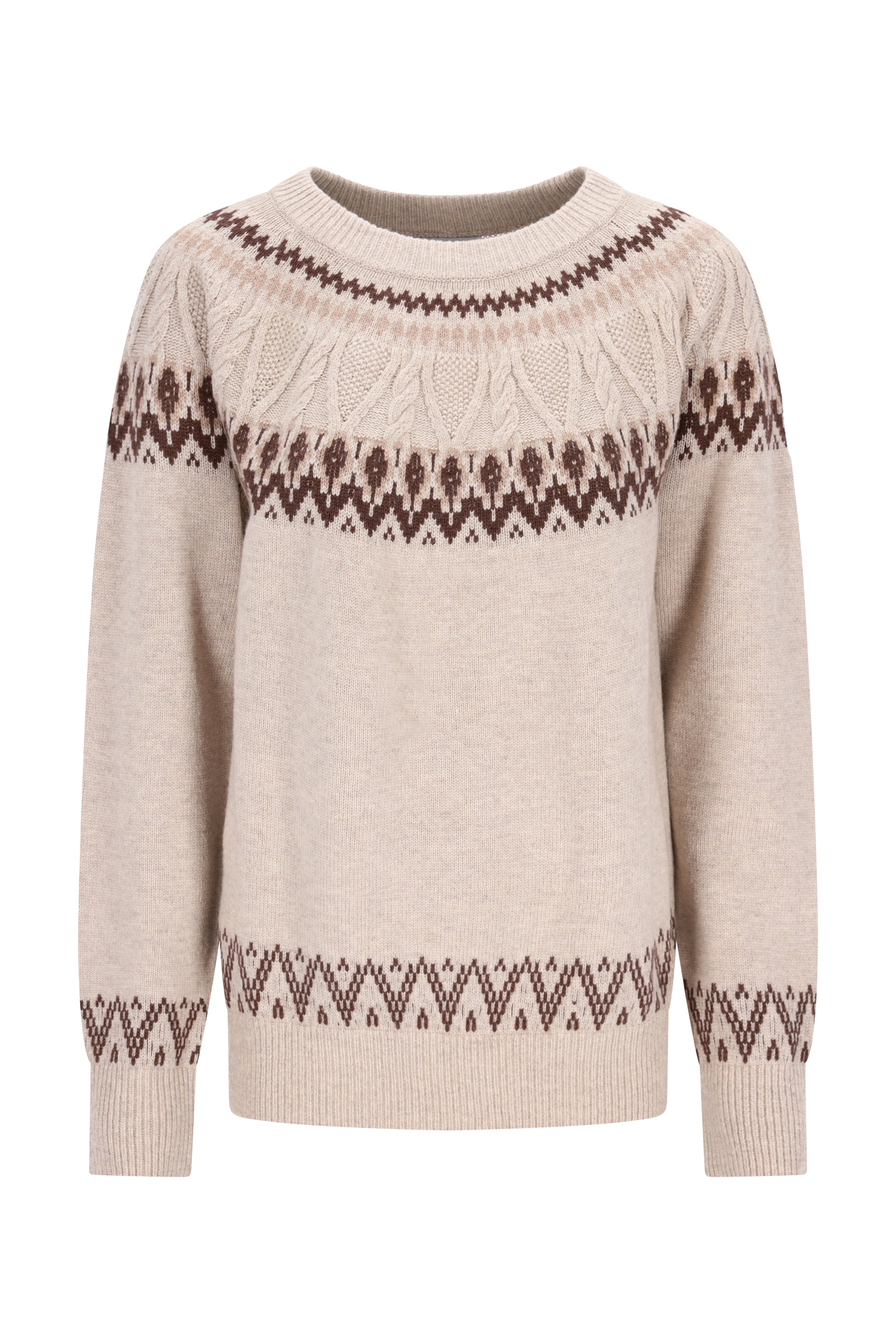 Beiger und brauner pullover norweger stil mit aufwändigem geometrischem muster aus gestricktem material
