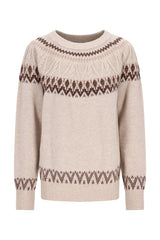 Beiger und brauner pullover norweger stil mit aufwändigem geometrischem muster aus gestricktem material