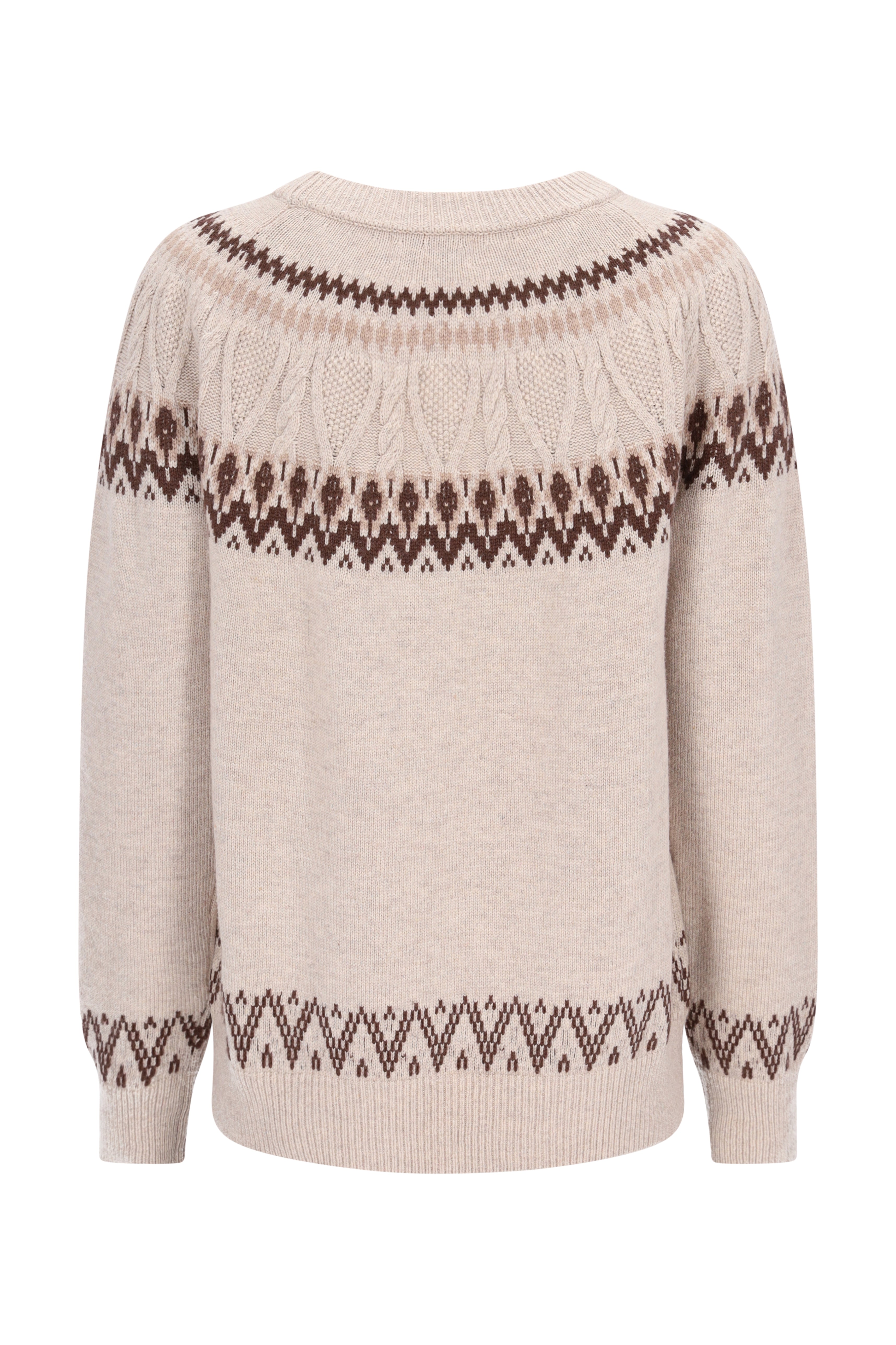 Beiger und brauner Norweger Stil Pullover aus fair Isle Strick mit geometrischen Mustern