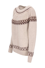 Beige und braun gemusterter norweger pullover mit aufwendigem geometrischem strickdesign aus hochwertiger wolle