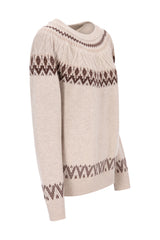 Beiger pullover norweger style aus wolle mit braunen geometrischen mustern am ausschnitt ärmeln und saum