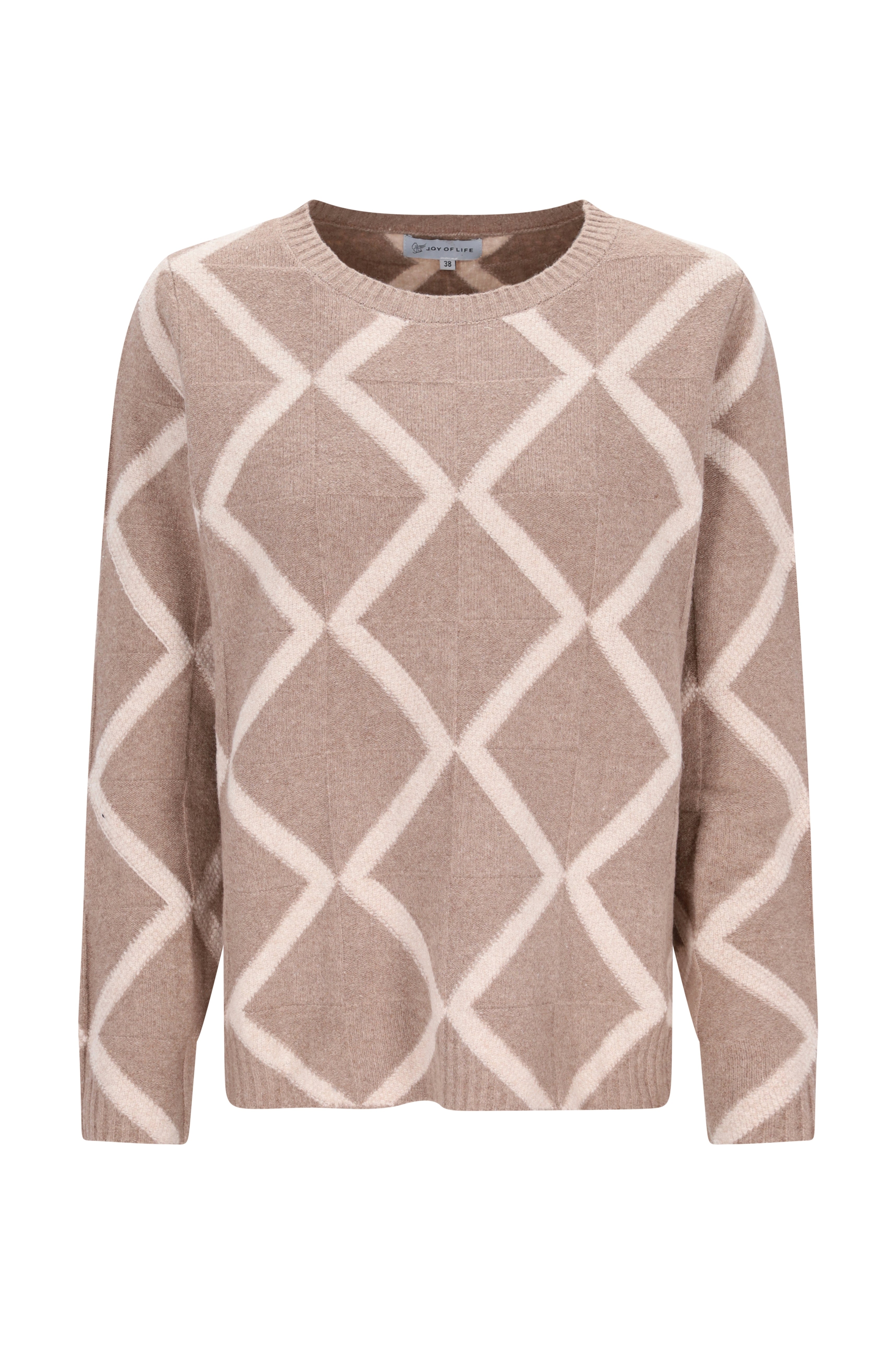 Beiger und cremefarbener intarsien raute pullover mit geometrischem muster und rundhalsausschnitt aus strick