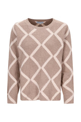 Beiger und cremefarbener intarsien raute pullover mit geometrischem muster und rundhalsausschnitt aus strick