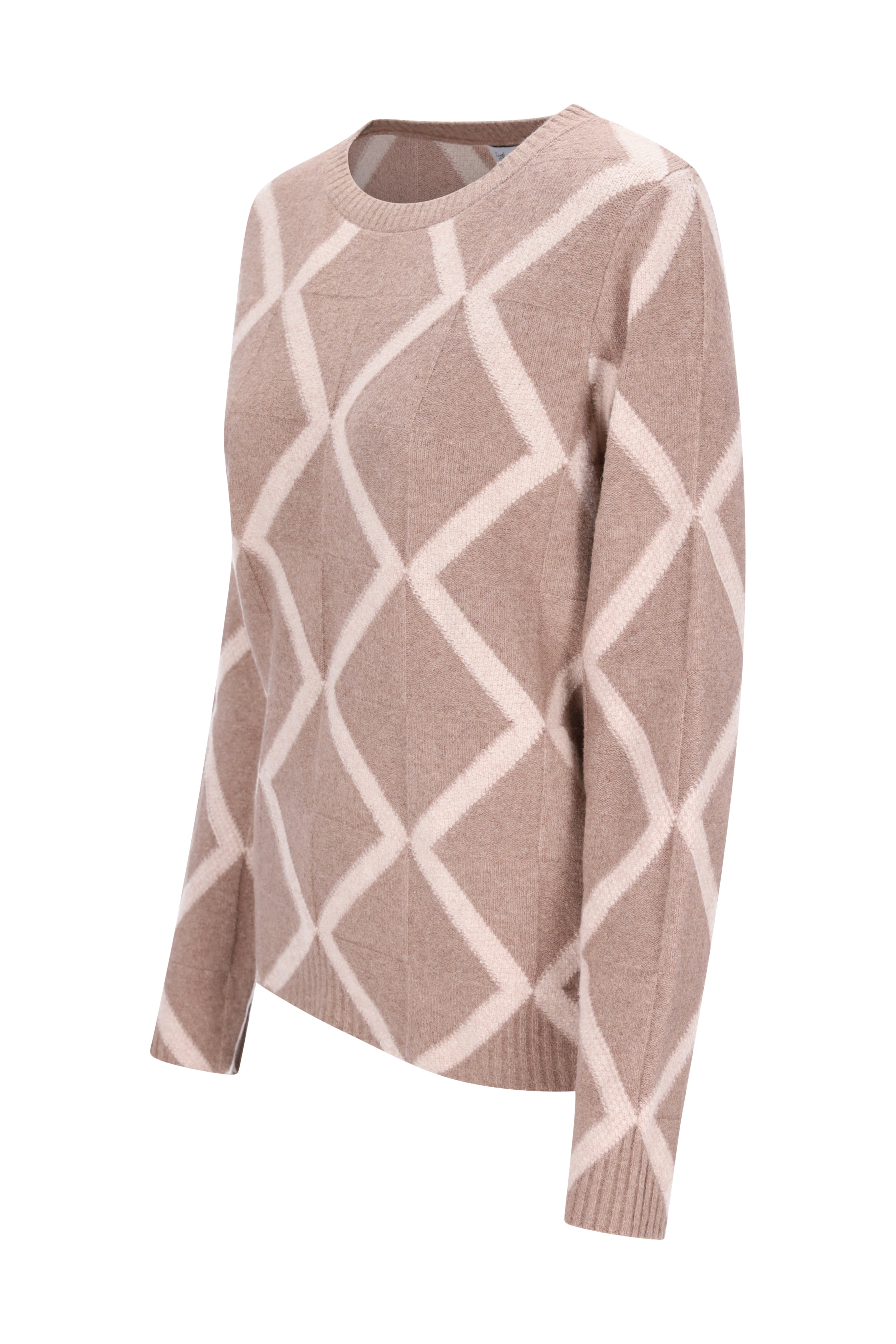 Pullover intarsien raute beige mit cremefarbenem geometrischem diamantmuster aus weichem material mit rippenbündchen