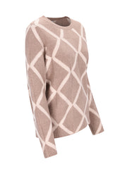 Pullover Intarsien Raute ein beige und cremefarbener geometrisch gemusterter Strickpullover mit Rundhalsausschnitt und gerippten Bündchen