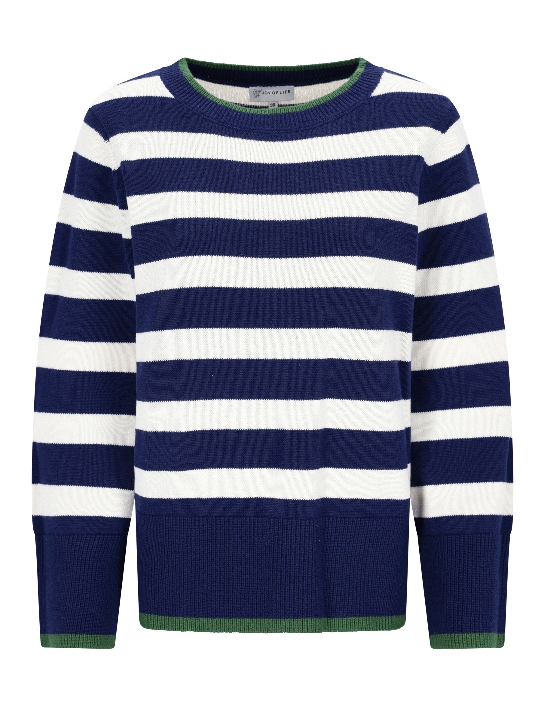 Pullover streifen navyblauer und weiß gestreifter strickpullover mit grünem geripptem saum am kragen und ärmelbündchen