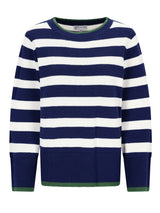 Pullover streifen navyblauer und weiß gestreifter strickpullover mit grünem geripptem saum am kragen und ärmelbündchen