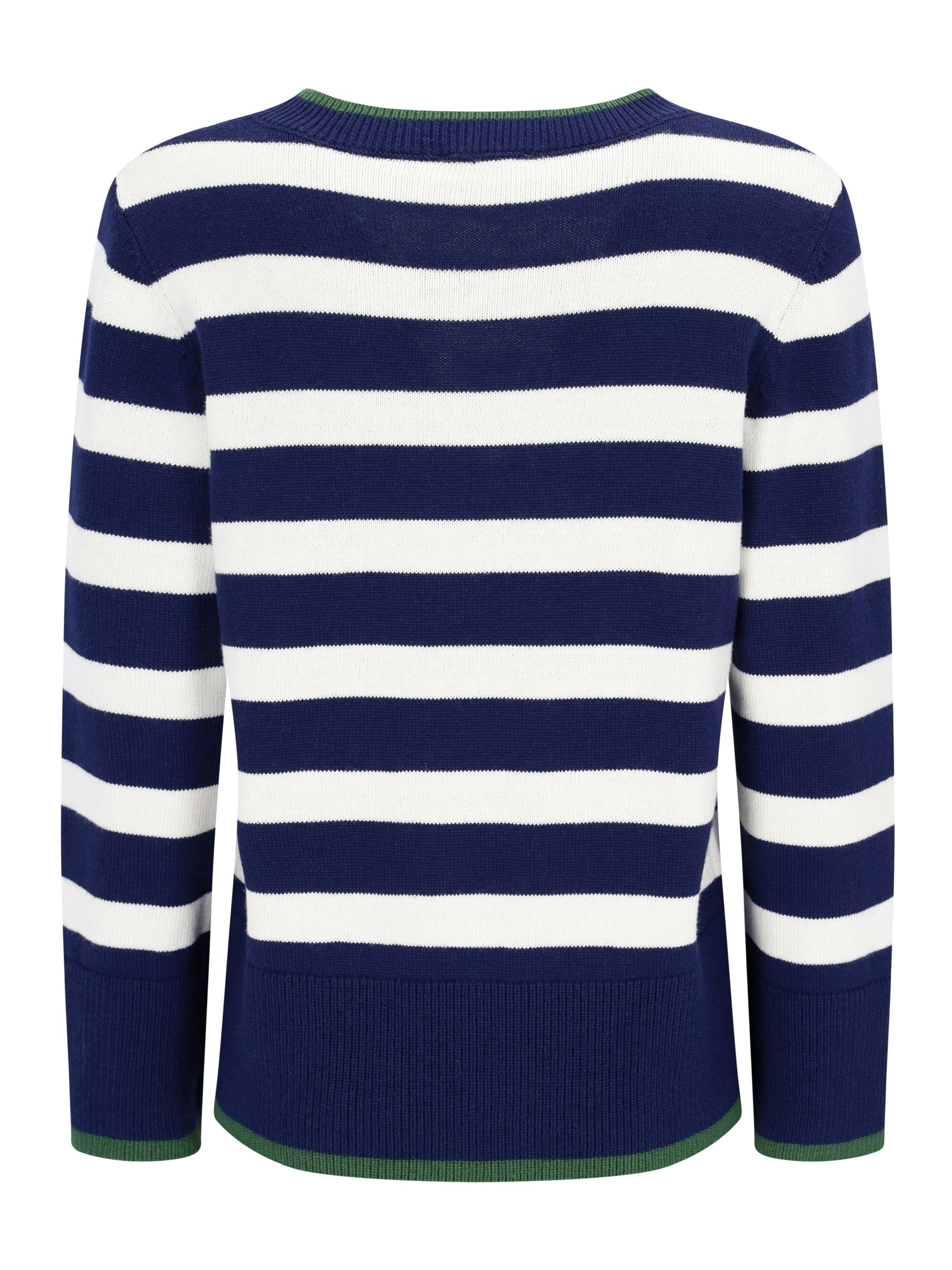 Pullover streifen navyblauer und weißer gestreifter strickpullover mit grünem rippenbesatz an kragen, bündchen und saum
