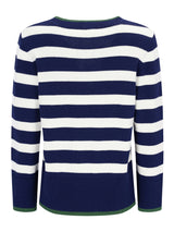 Pullover streifen navyblauer und weißer gestreifter strickpullover mit grünem rippenbesatz an kragen, bündchen und saum