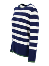 Pullover streifen navyblauer und weißer gestreifter strickpullover mit grünem saum am ausschnitt, bündchen und saum