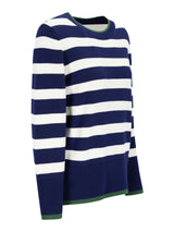 Pullover streifen navyblauer und weiß gestreifter strickpullover mit grünem geripptem kragen bündchen und saum
