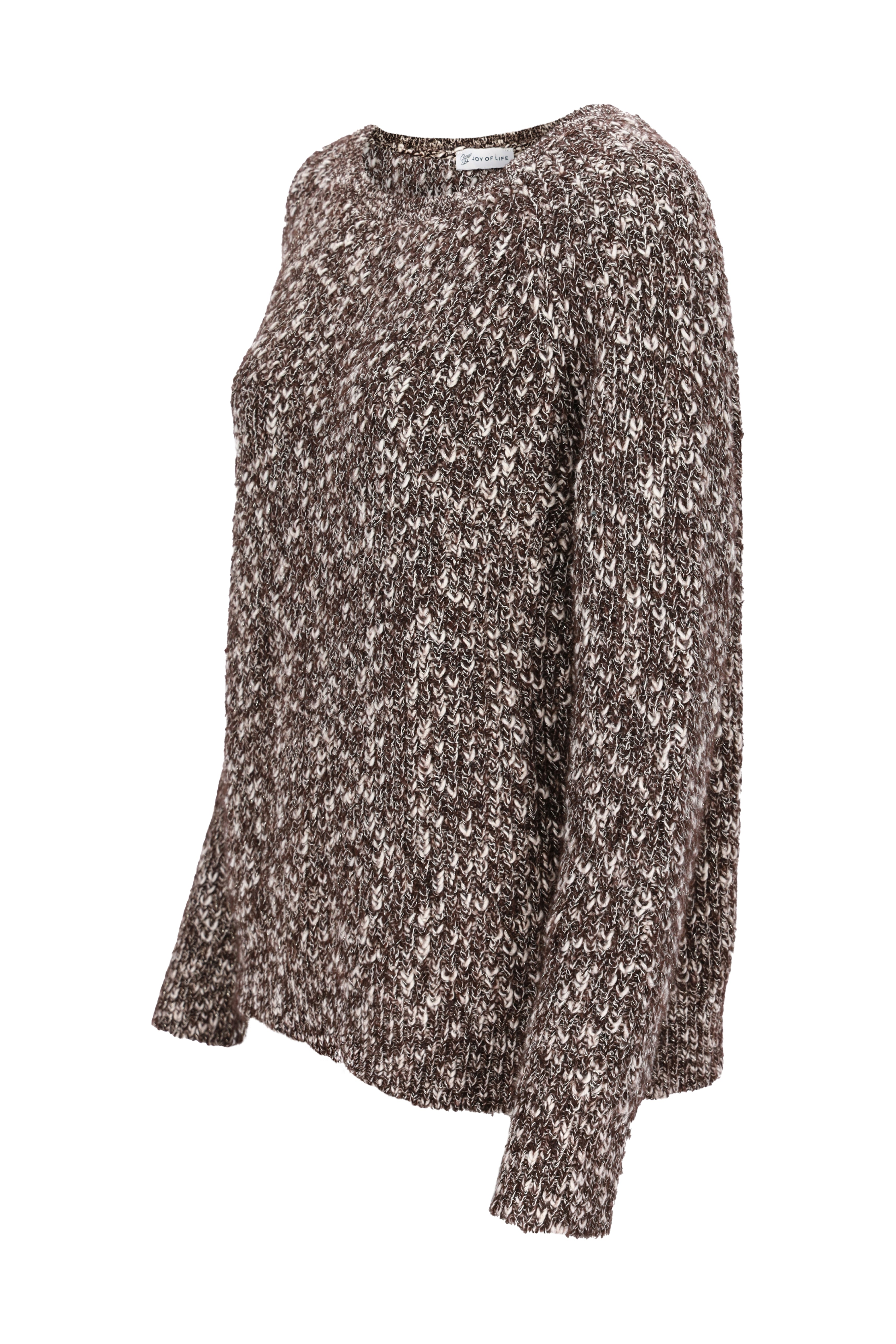 Pullover bouclé glanz langärmliger kuscheliger strickpullover in meliertem braun und creme mit strukturiertem webmuster