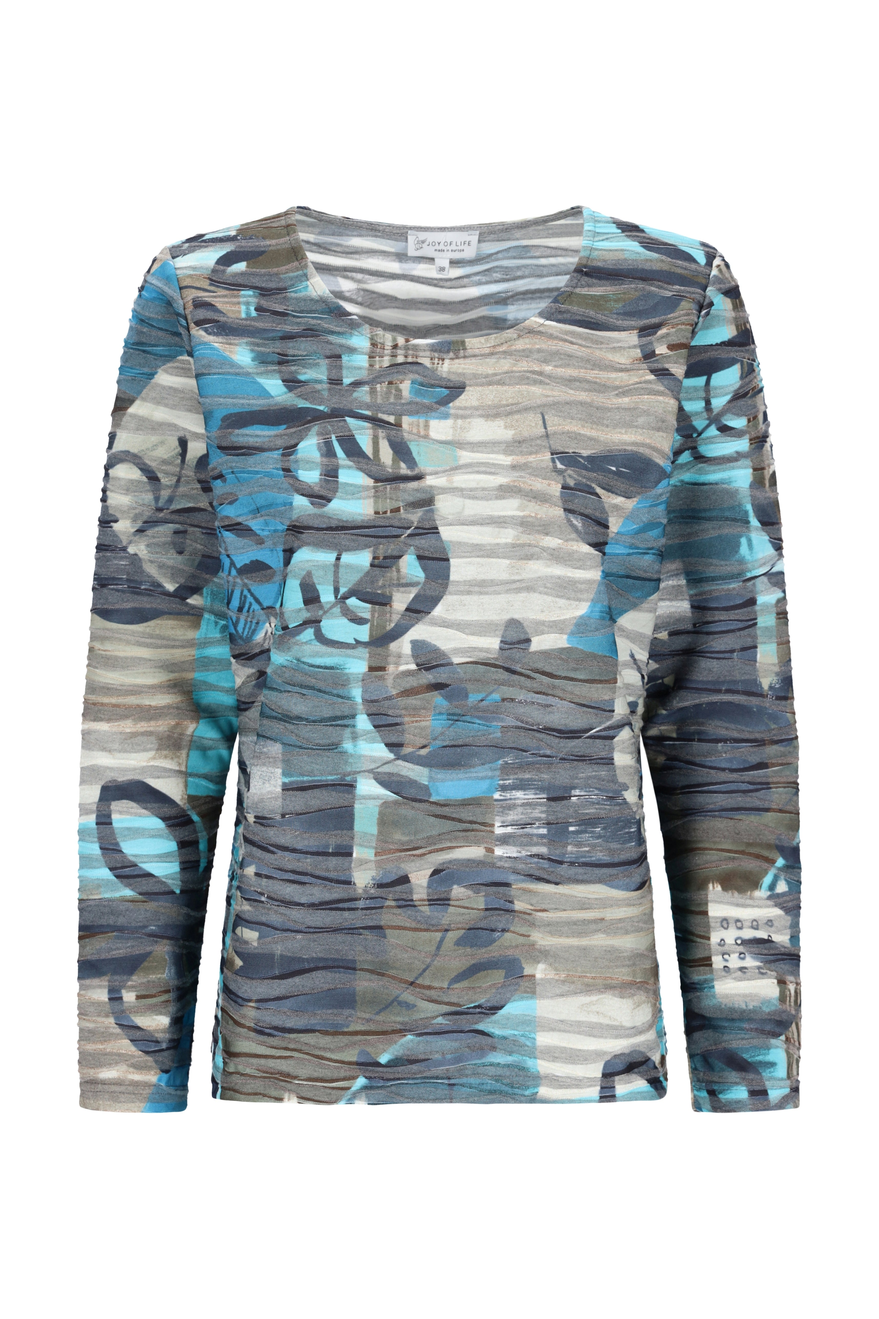 Langarmshirt wellenstruktur mit texturiertem abstraktdruck in blau, grau und beige für modernen alltag