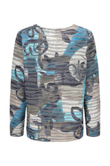 Langärmeliges shirt wellenstruktur mit texturierter abstrakter musterung in blau, grau und beige