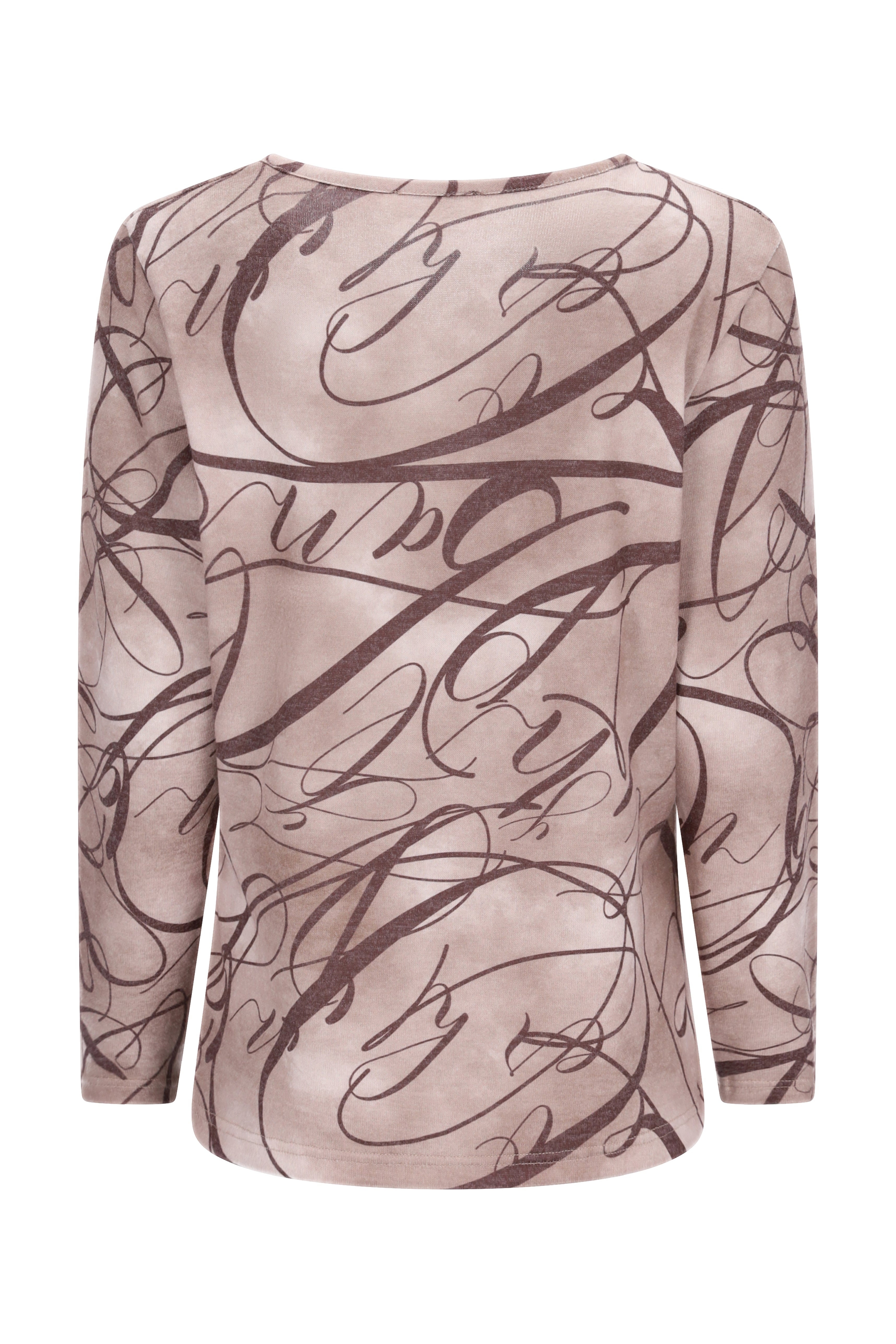 Beige shirt soft touch mit v ausschnitt, funkelnden embellishments und abstraktem dunkelbraunem scriptmuster