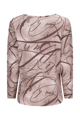 Beige shirt soft touch mit v ausschnitt, funkelnden embellishments und abstraktem dunkelbraunem scriptmuster
