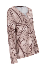 Soft touch shirt soft blush pink long sleeved top with abstract dark brown script and silver v neckline embellishments
