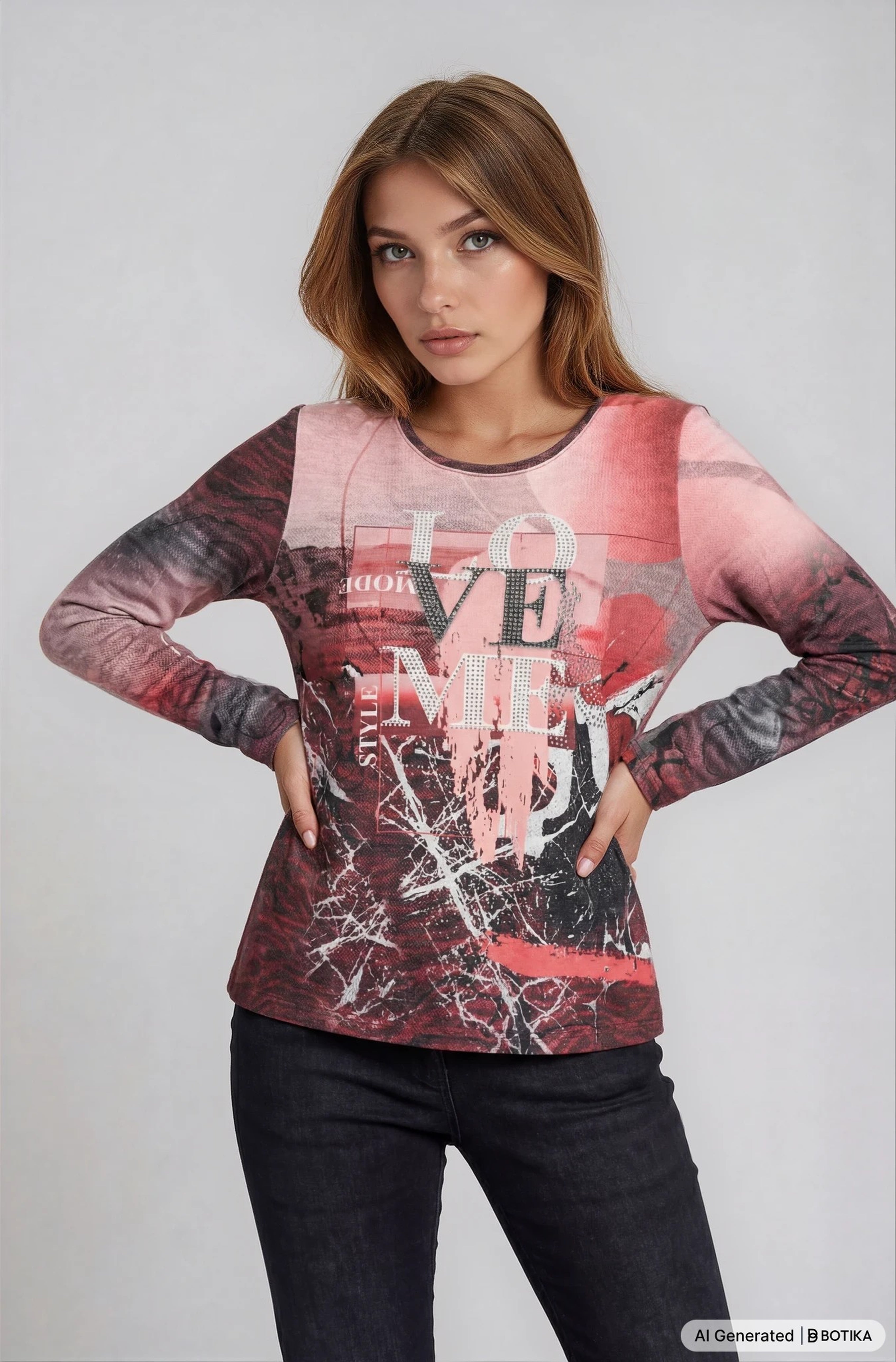 Strickshirt soft touch mit langärmeligem design und auffälligem abstraktem love-print in pink, rot und schwarz