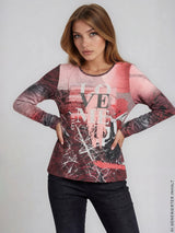 Strickshirt soft touch langarmtop mit auffälligem love-schriftzug und marmormuster in rosa und schwarz