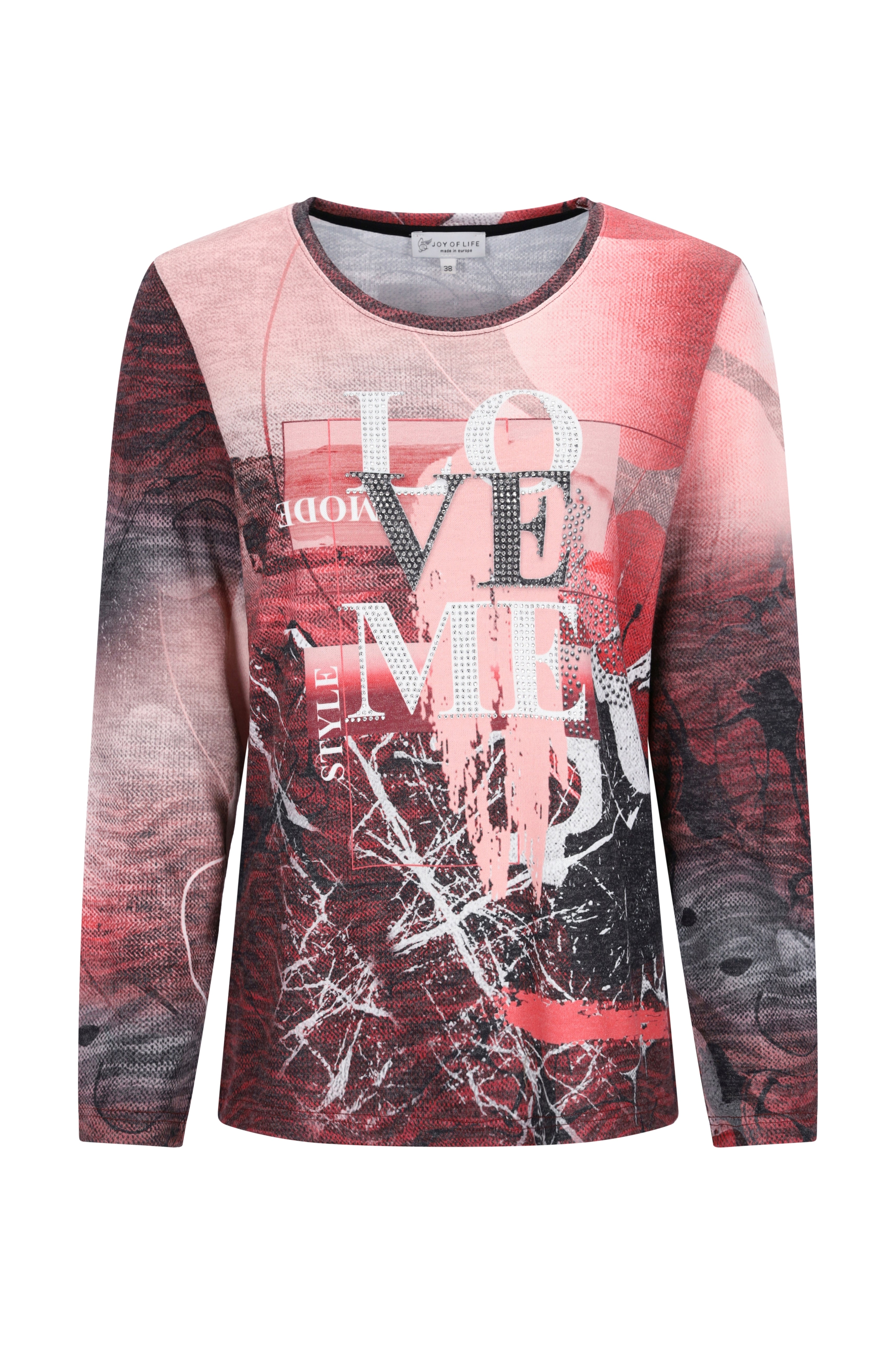 Strickshirt soft touch langarmshirt mit verlauf pink schwarz und love schriftzug mit strasssteinen