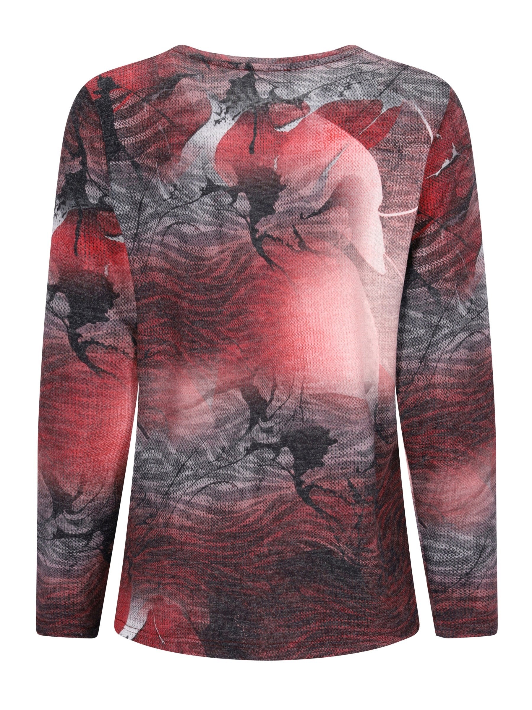 Strickshirt soft touch langärmliges oberteil mit rotem und grauem abstraktem floralem muster aus strukturiertem strickgewebe