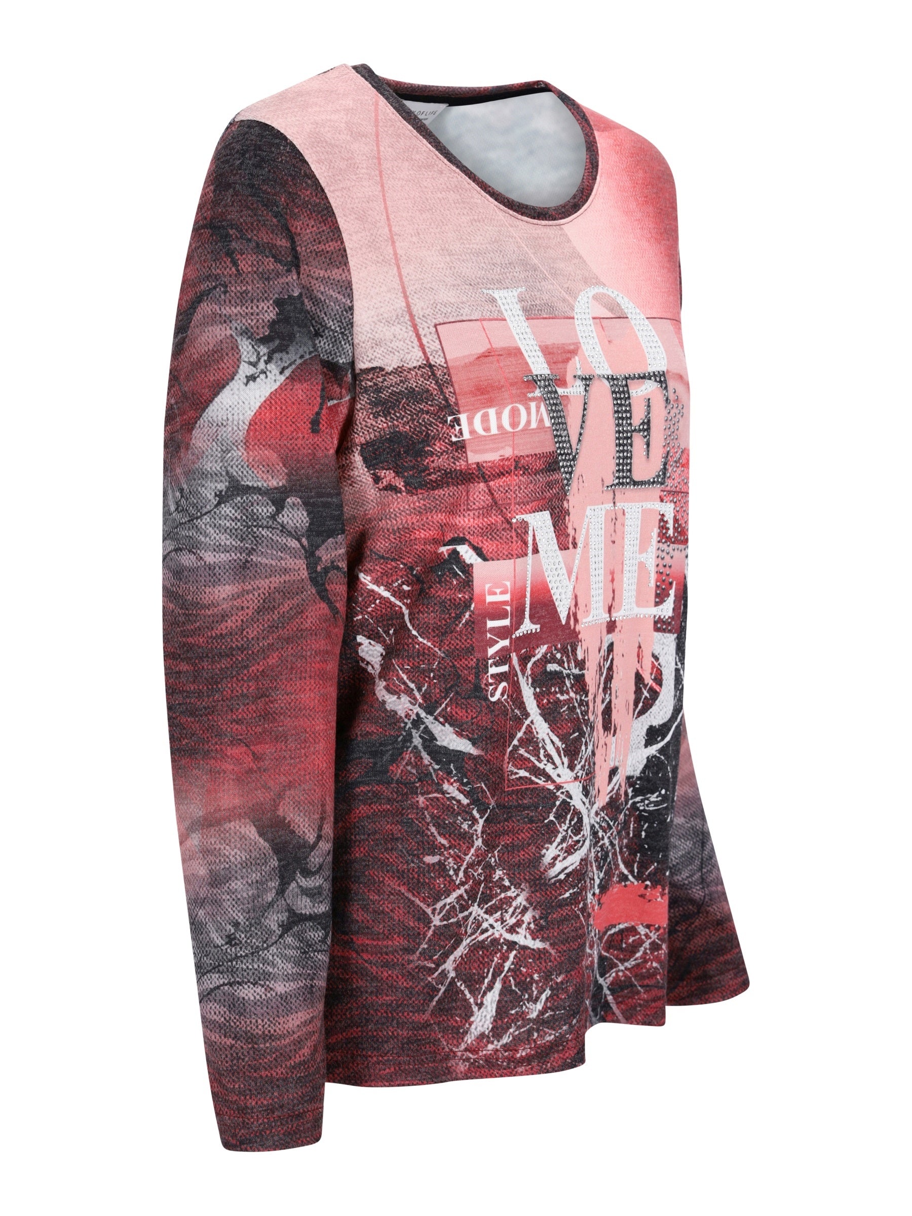 Strickshirt soft touch langarm in rosa, rot und schwarz mit auffälligem love me print aus weichem material