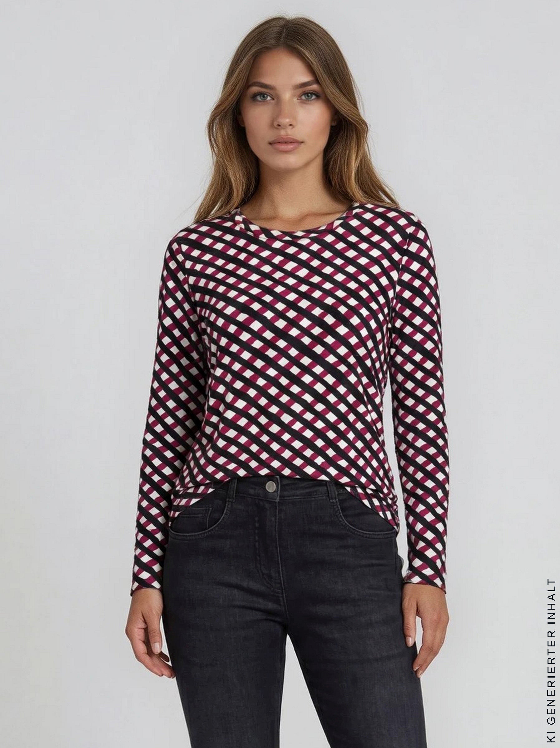 Langärmeliges shirt mit diagonalem karoprint in schwarz, weiß und magenta aus hochwertigem material
