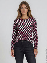 Langärmeliges shirt mit diagonalem karoprint in schwarz, weiß und magenta aus hochwertigem material