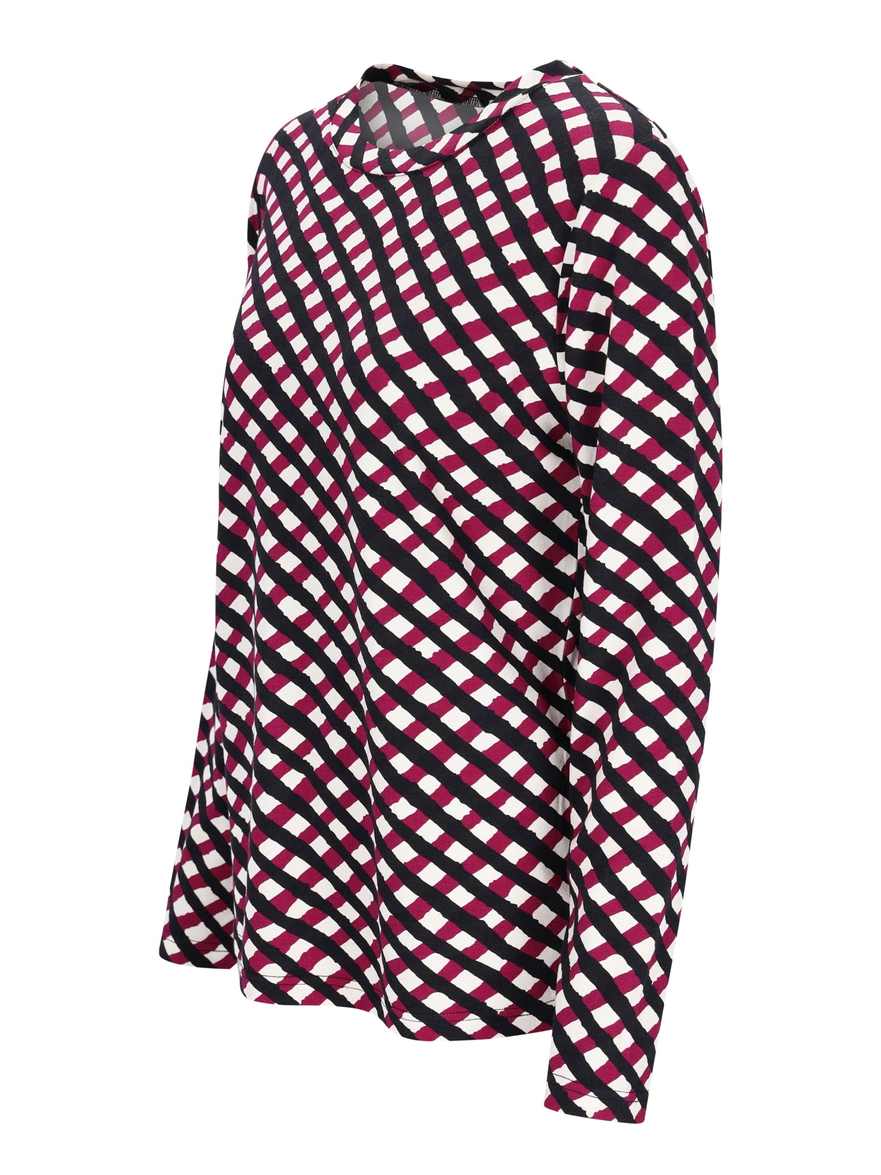Flussiges langarmshirt mit kühlem diagonalem muster in schwarz weiß und magenta im karoprint-stil