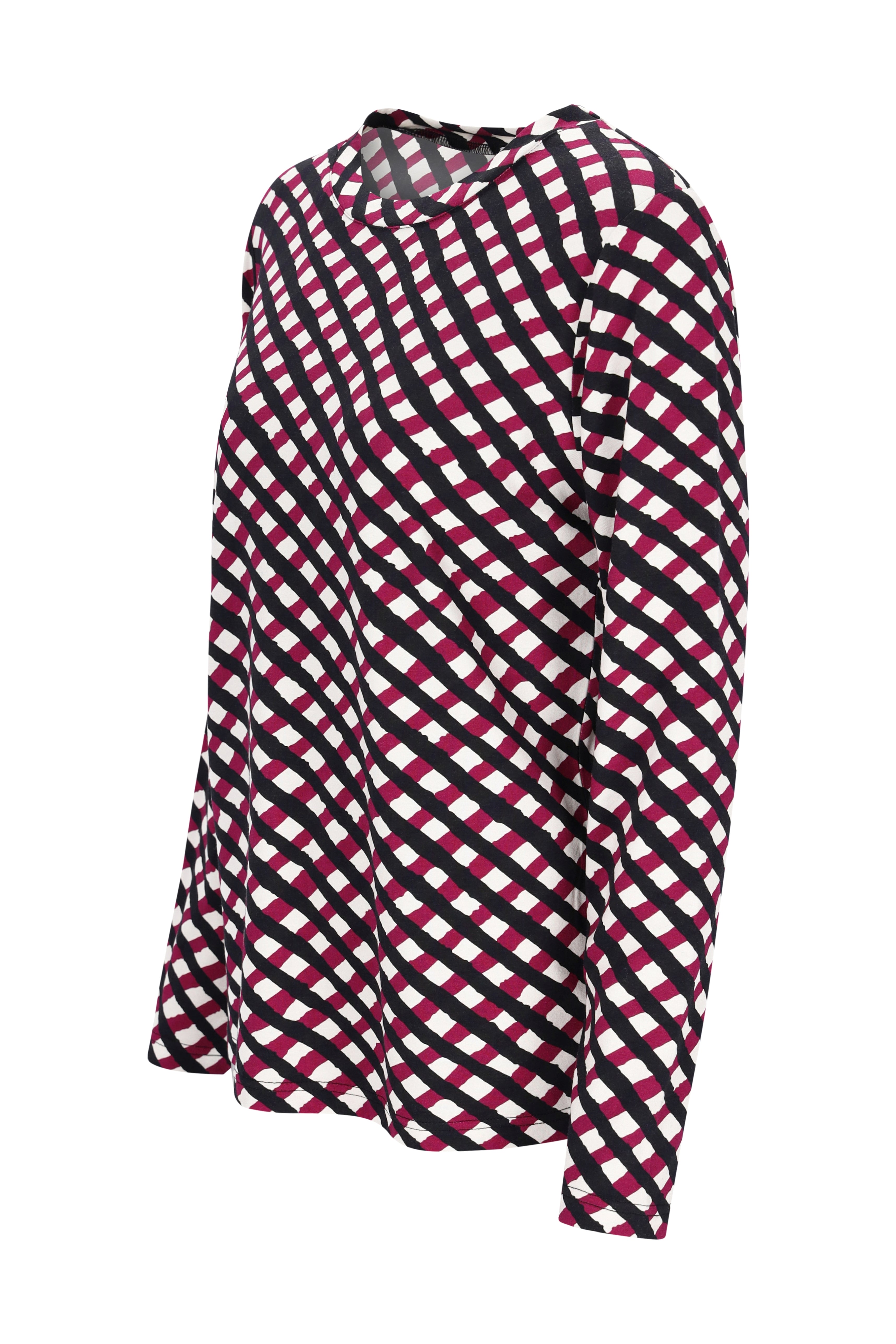 Flussiges langarmshirt mit kühlem karo-muster in schwarz weiß und magenta in diagonaler ausrichtung