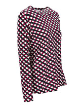 Damen langarmshirt mit kühnen diagonalstreifen in schwarz weiß und magenta, karoprint muster