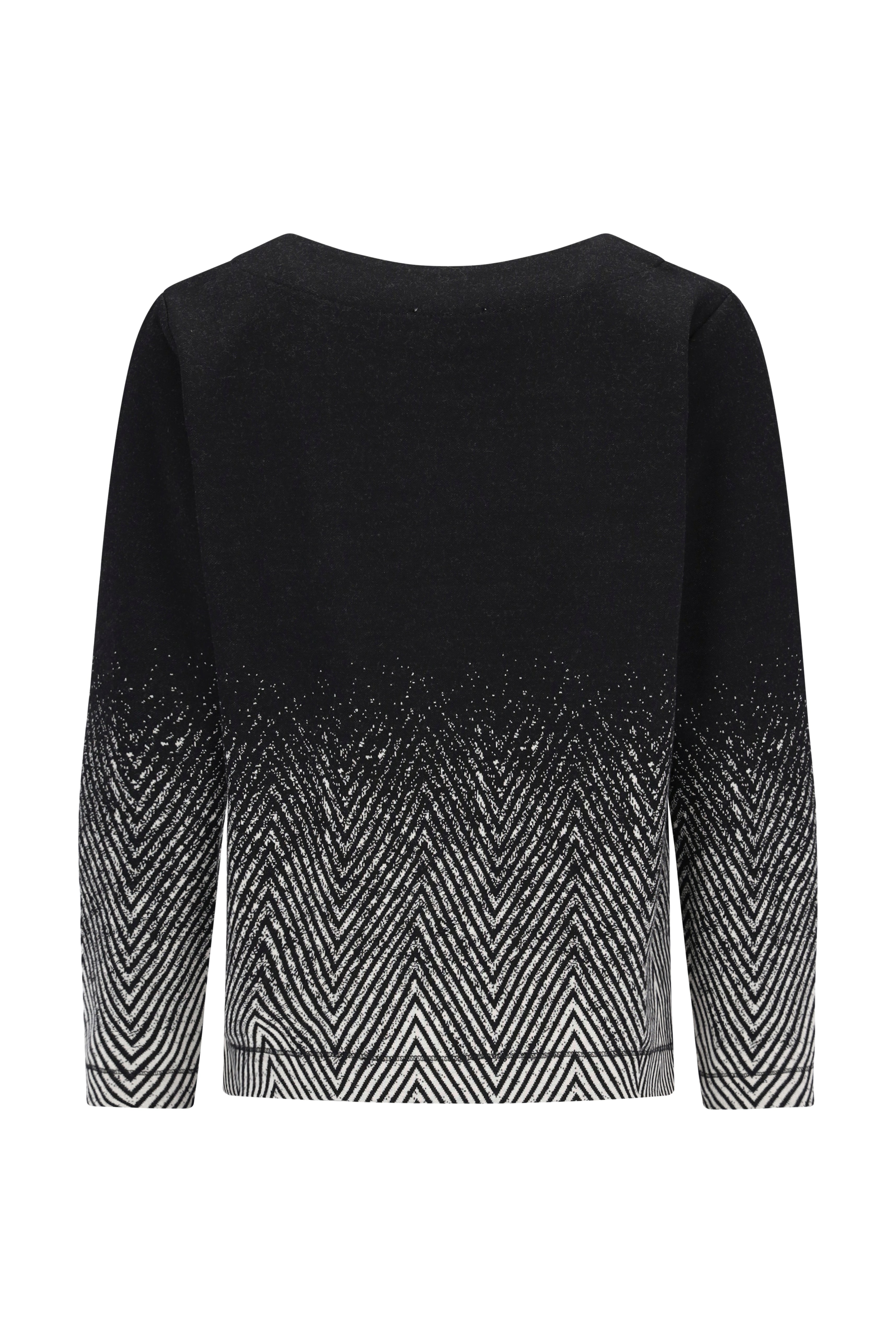 Schwarzer strickshirt soft touch pullover mit verlaufendem chevron-muster und silbernen akzenten am saum