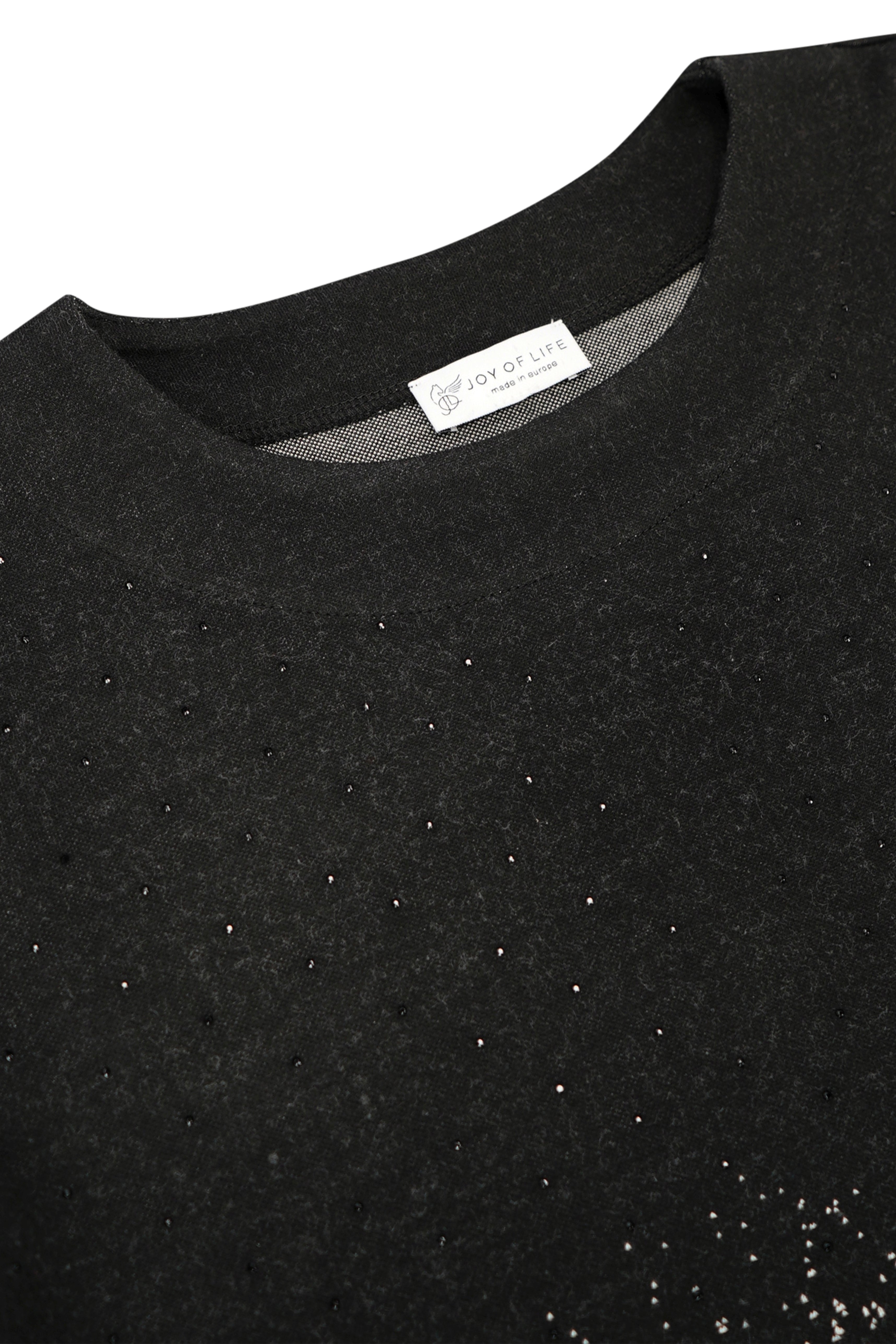 Schwarzes strickshirt soft touch mit strukturierter oberfläche und dezent schimmernden punkten sowie joy of life etikett