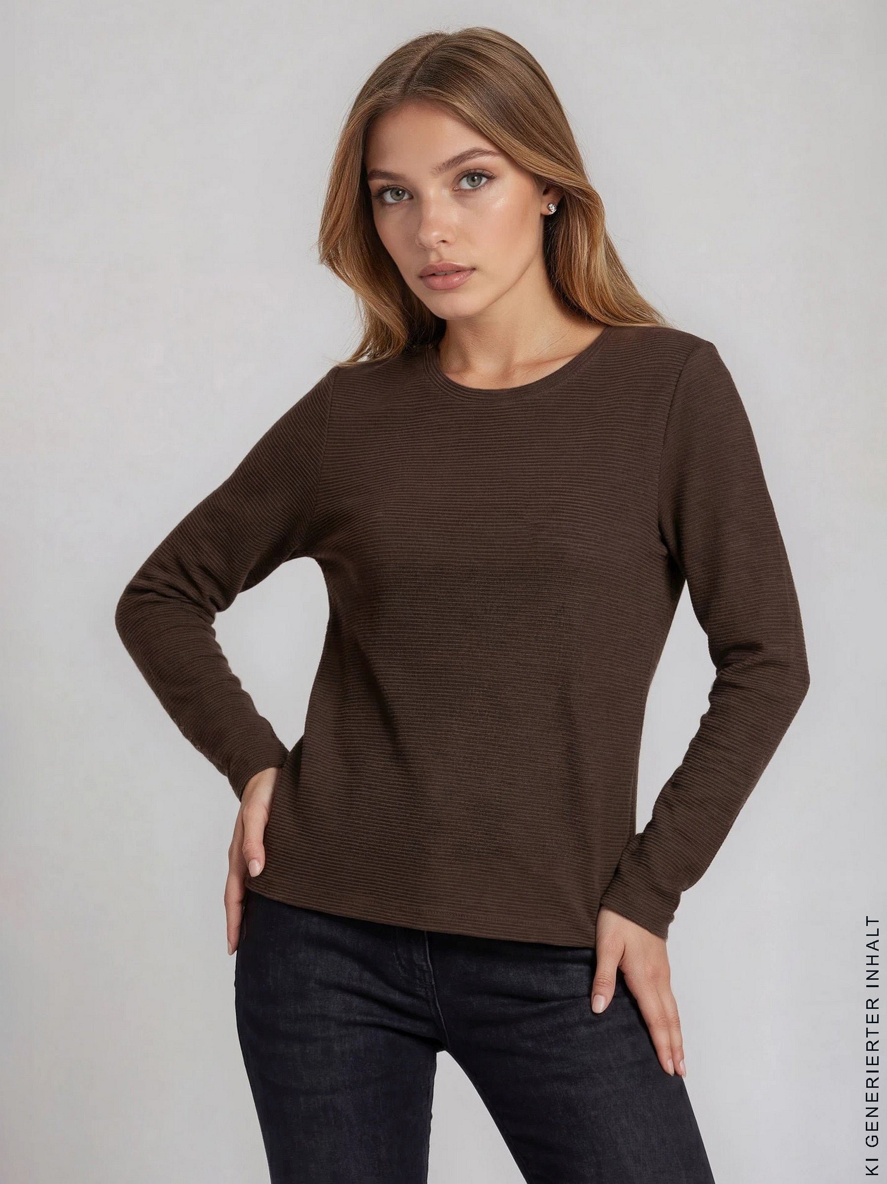 Ein weiches braunes langärmeliges geripptes strickoberteil mit rundhalsausschnitt namens shirt struktur