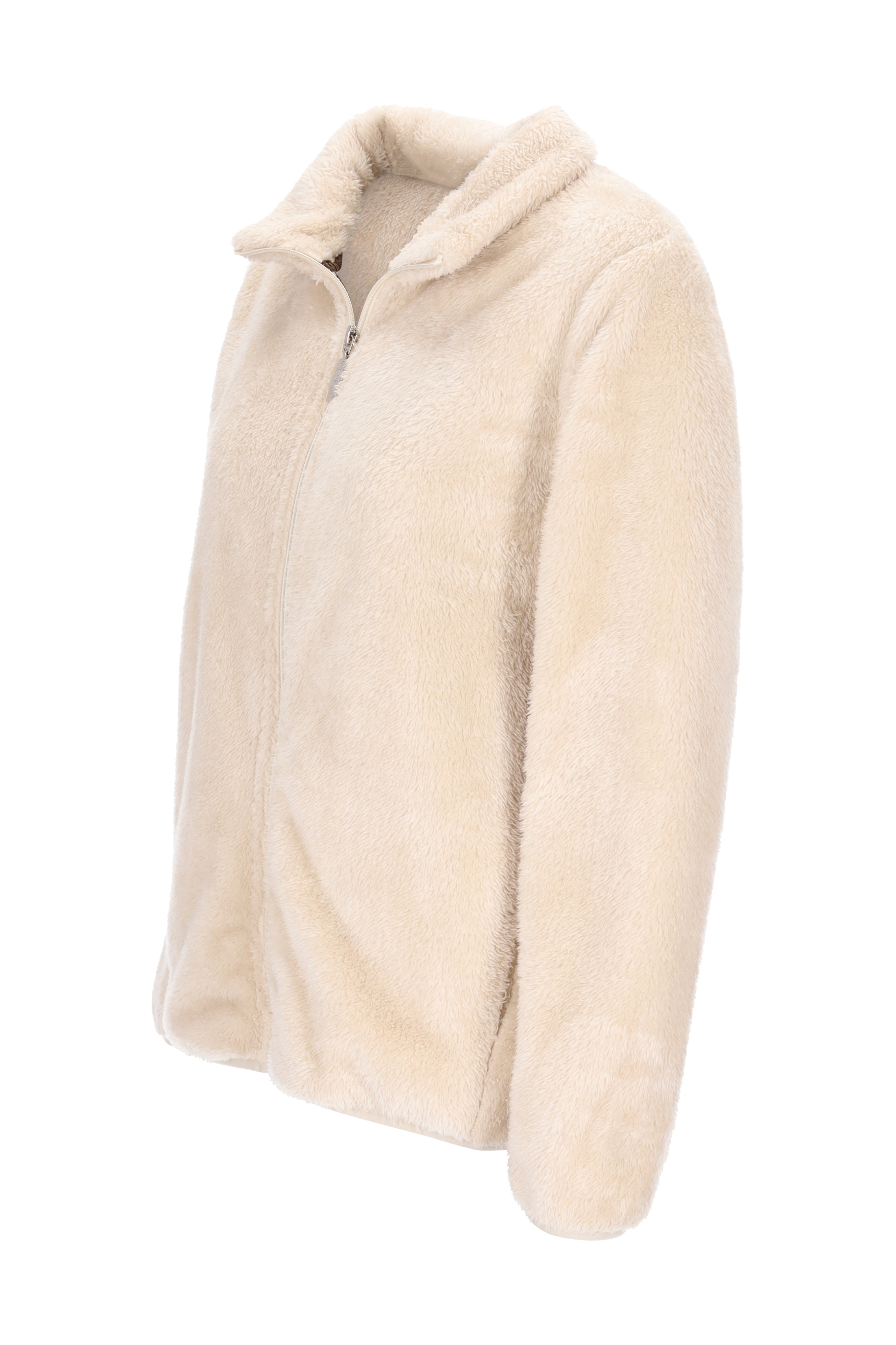 Cremefarbene teddy jacke aus weichem fleece mit kuscheligem kragen und durchgehendem reißverschluss