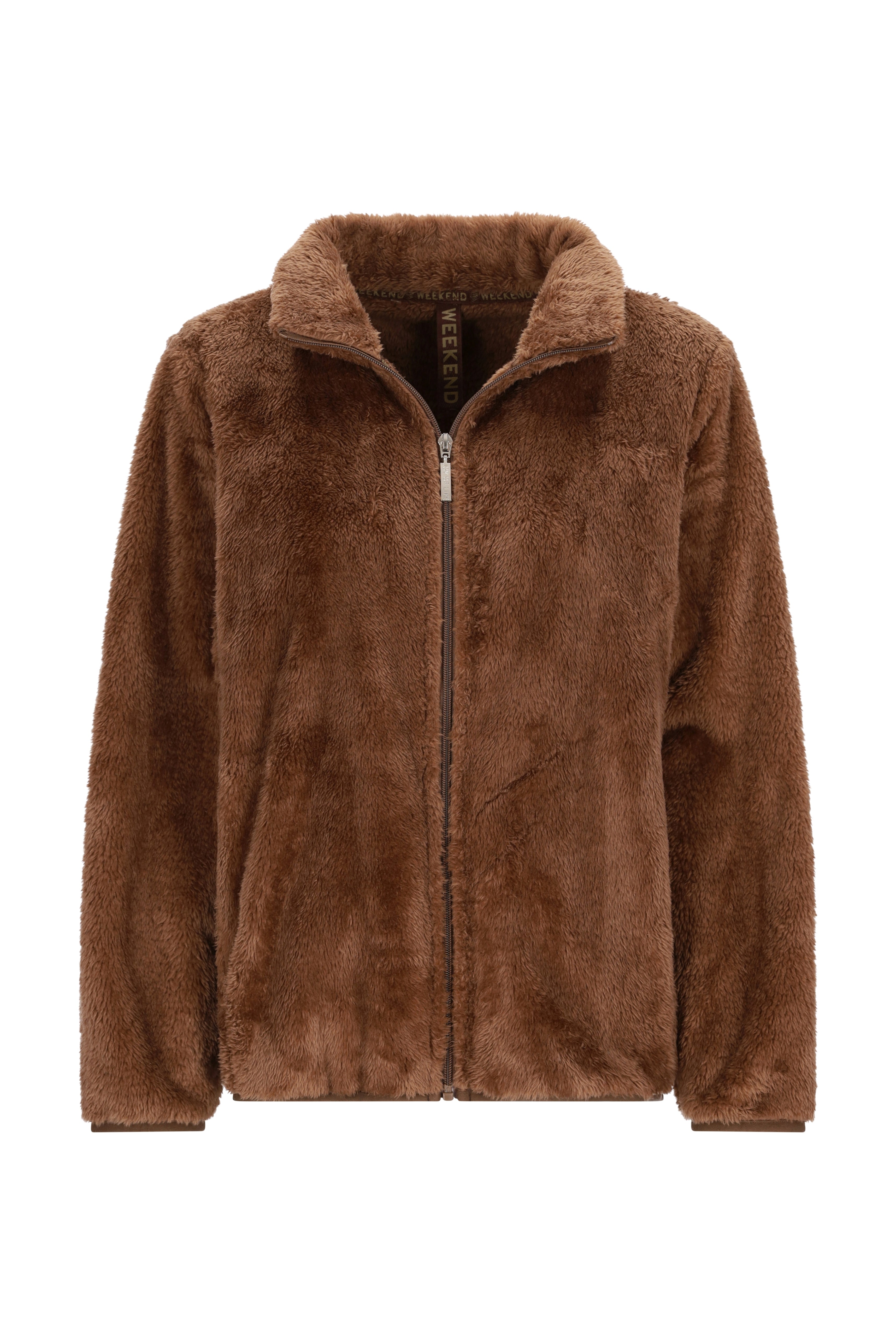 Braune teddy jacke aus weichem faux fur mit kuscheligem kragen und durchgehendem reißverschluss