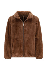 Braune teddy jacke aus weichem faux fur mit kuscheligem kragen und durchgehendem reißverschluss