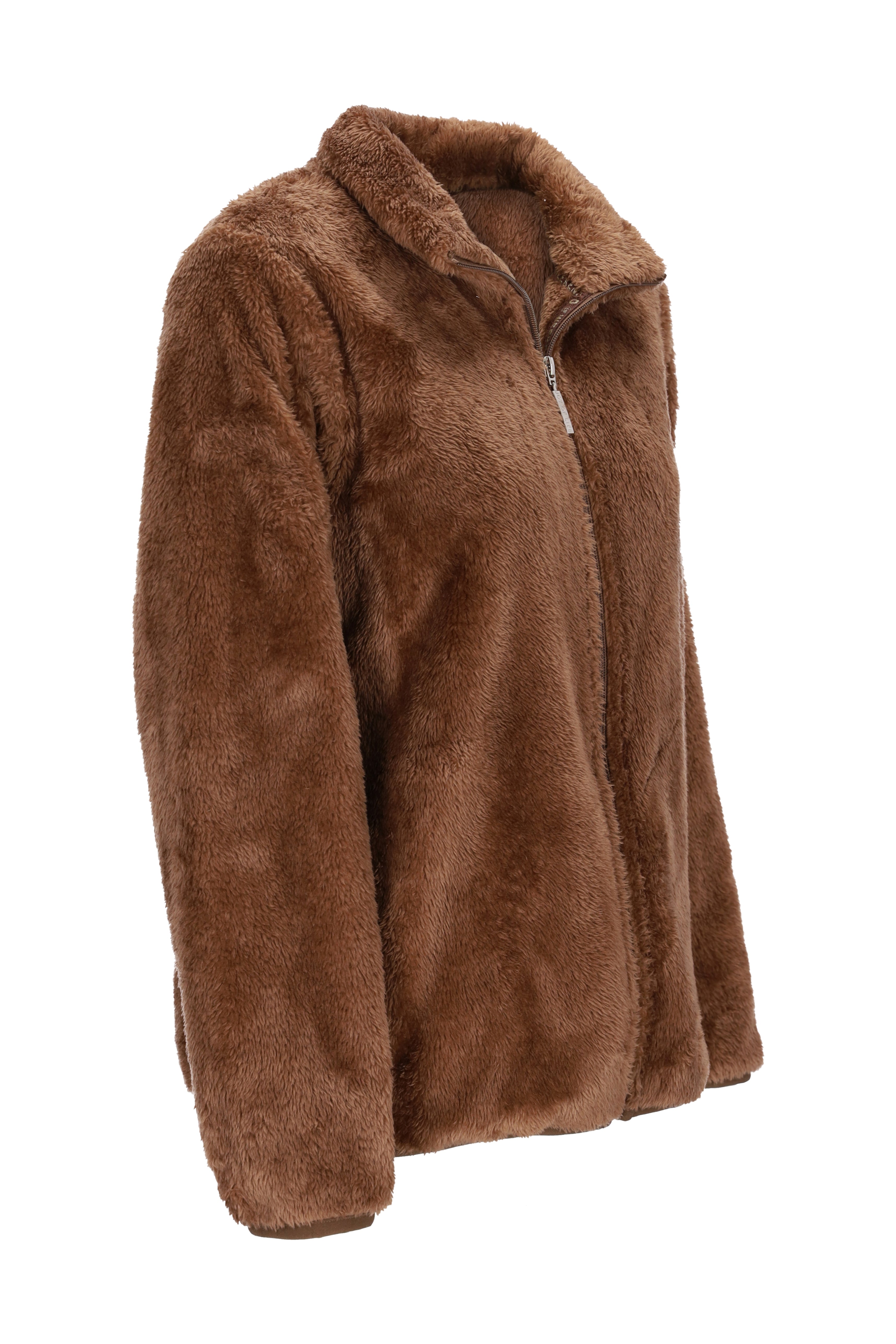 Braune teddy jacke aus weichem kunstfell mit kuscheligem kragen und durchgehendem reißverschluss