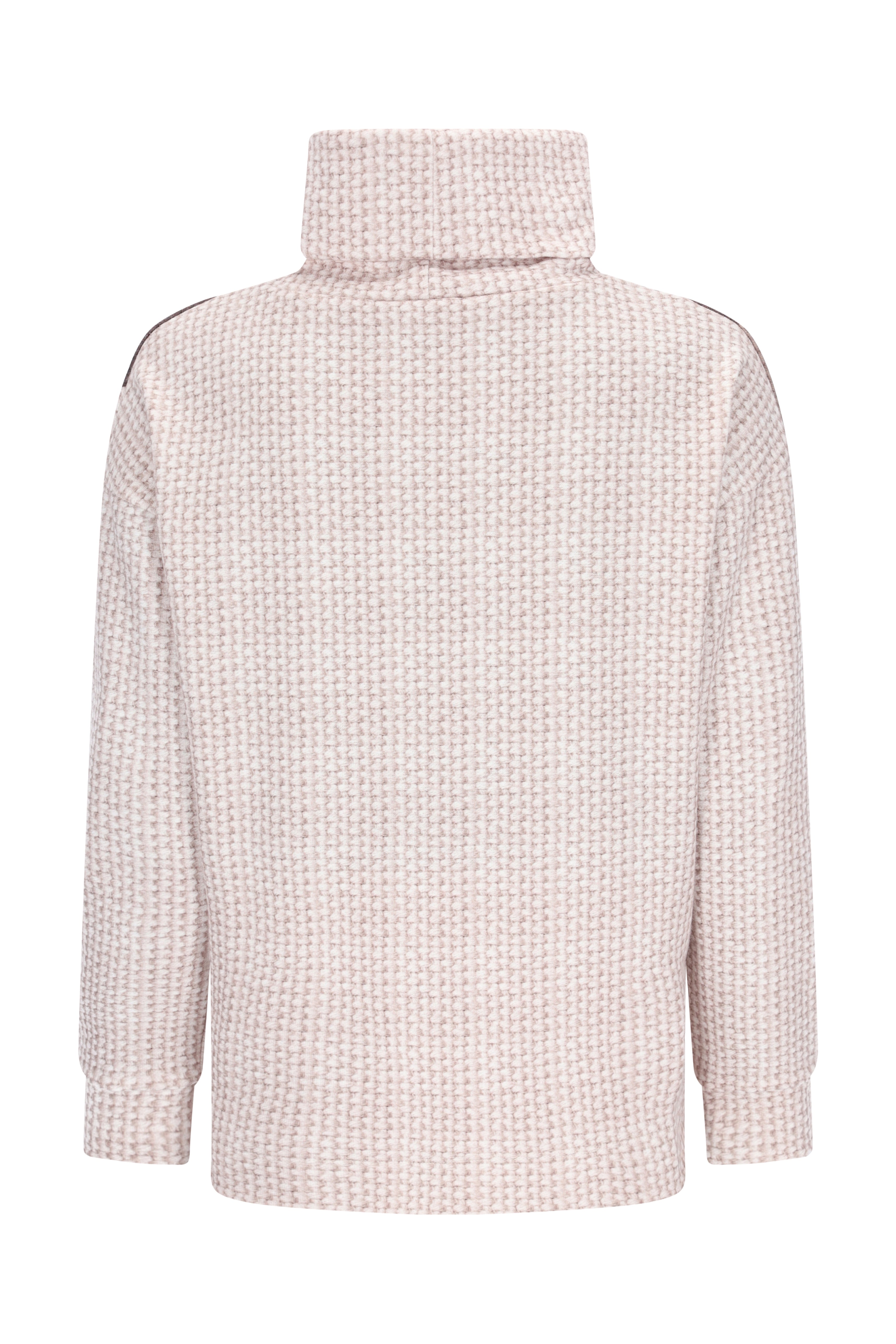 Beige herringbone-musterter sweatshirt soft touch mit turtleneck und dezentem schwarzen besatz an den schultern