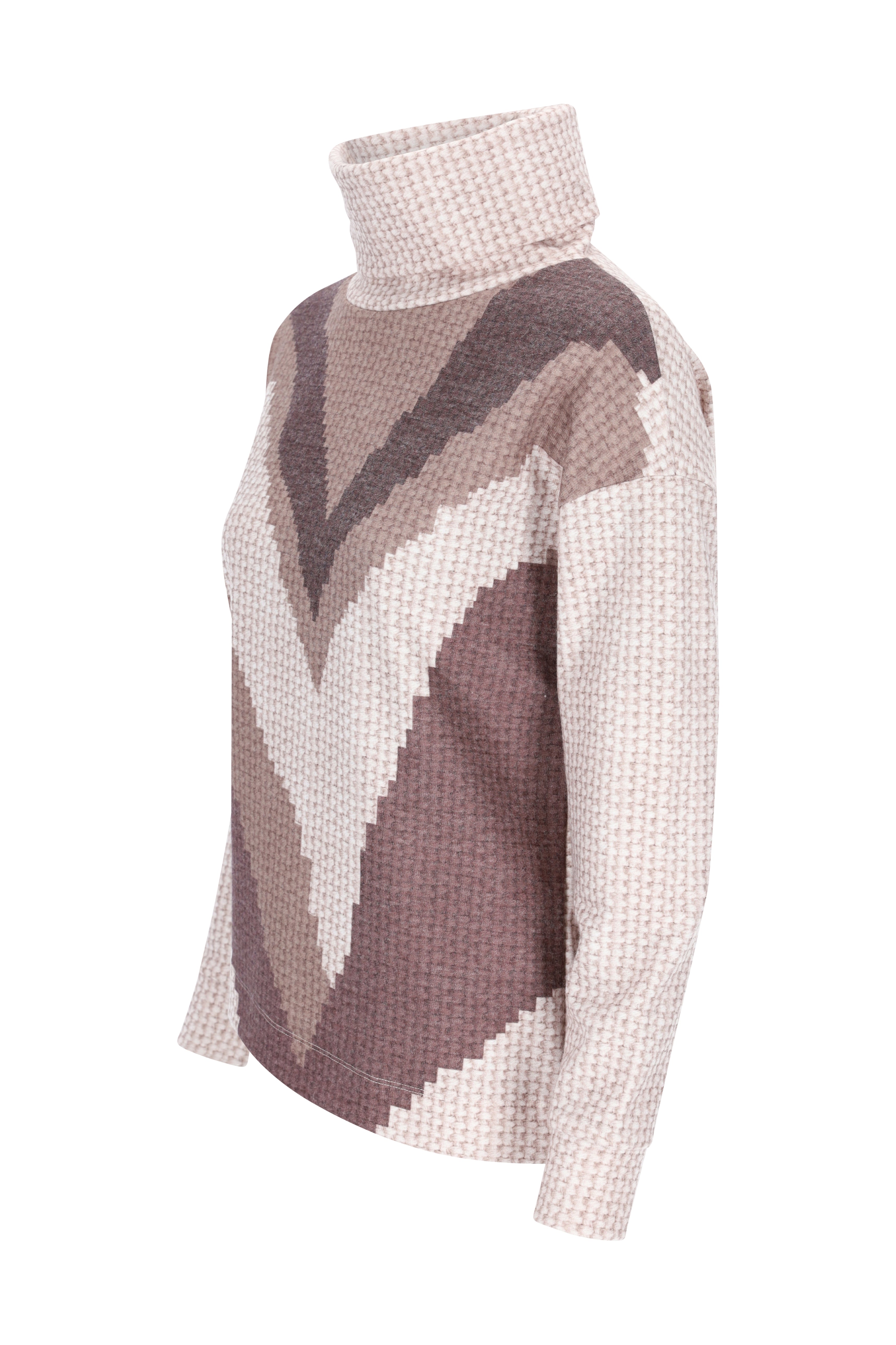 Weicher turtleneck sweatshirt mit geometrischem muster in beige und braun für gemütlichen tragekomfort