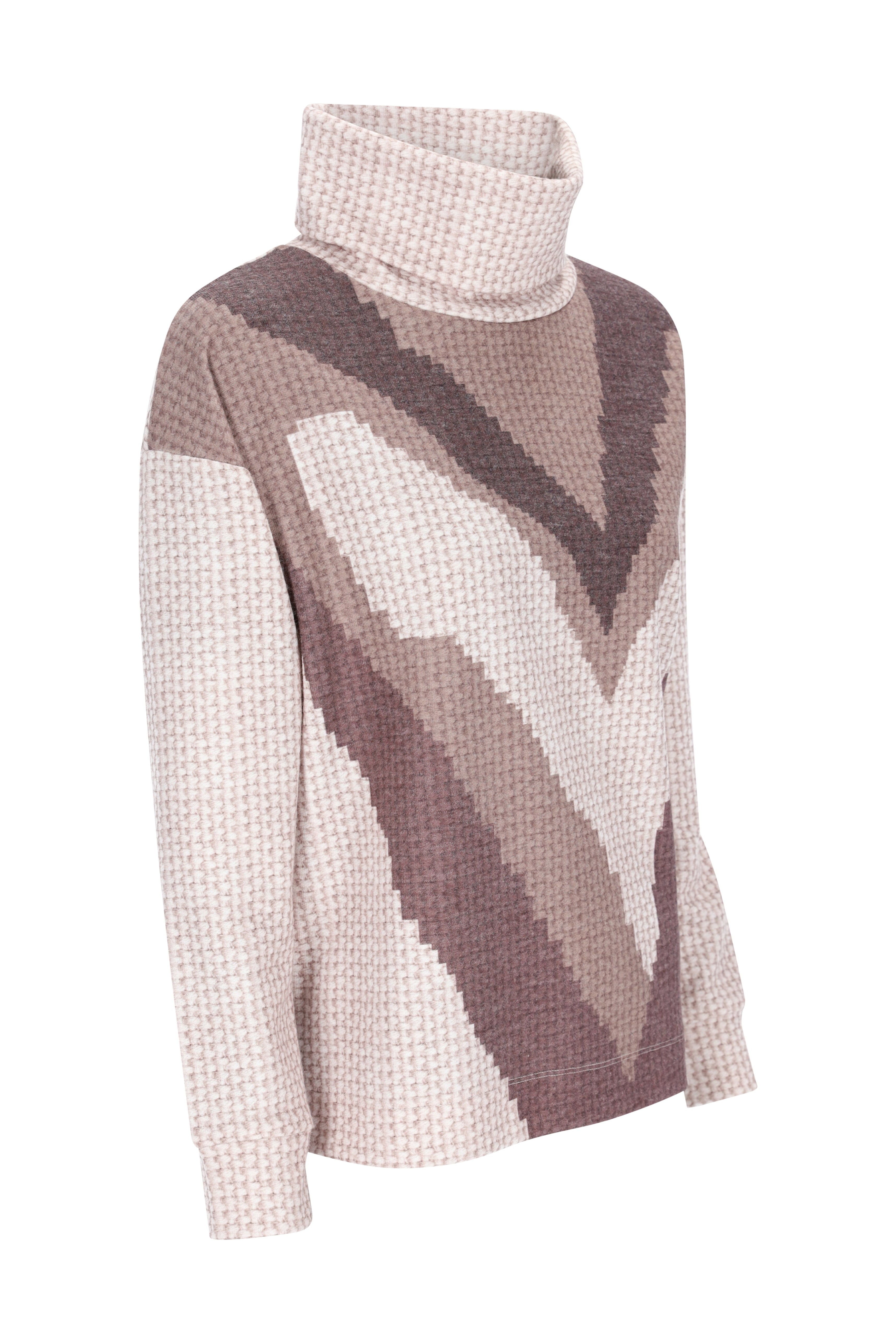 Cozy waffle-knit sweatshirt soft touch in beige and muted brown with geometric pattern and soft fabric