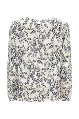 Eine zarte ivory bluse bedruckt mit langärmeligem fließendem design und elegantem schwarz-grauem botanischem muster