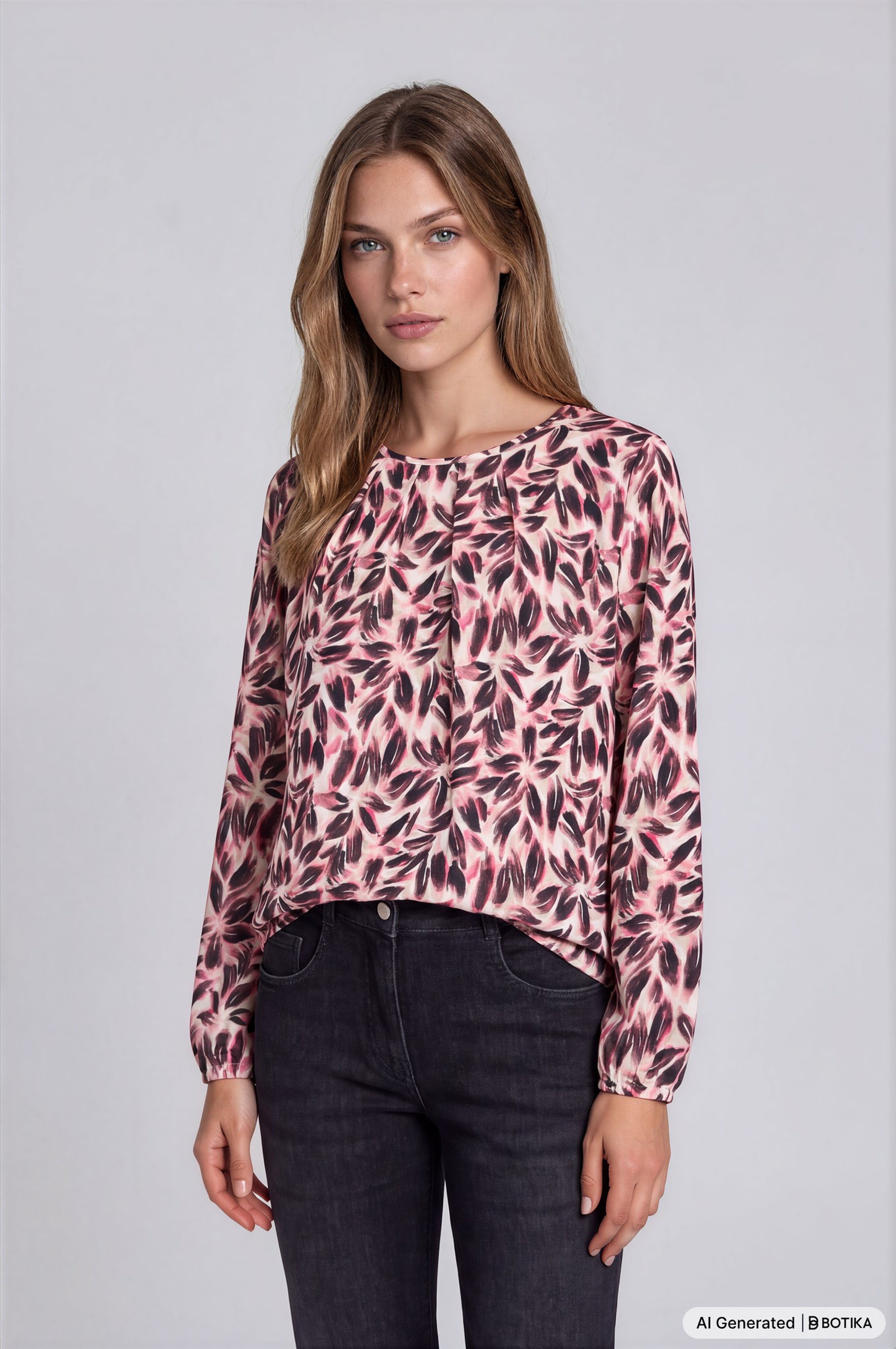 Rosa und schwarze bluse blütenprint mit langärmeliger, lockerer passform aus leichtem material