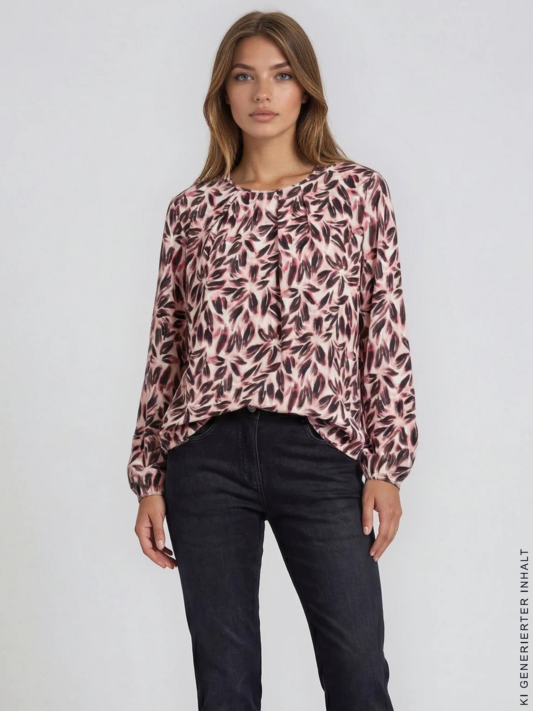 Soft rosa bluse blütenprint mit dunklem blattmuster und rüschensaum am ausschnitt