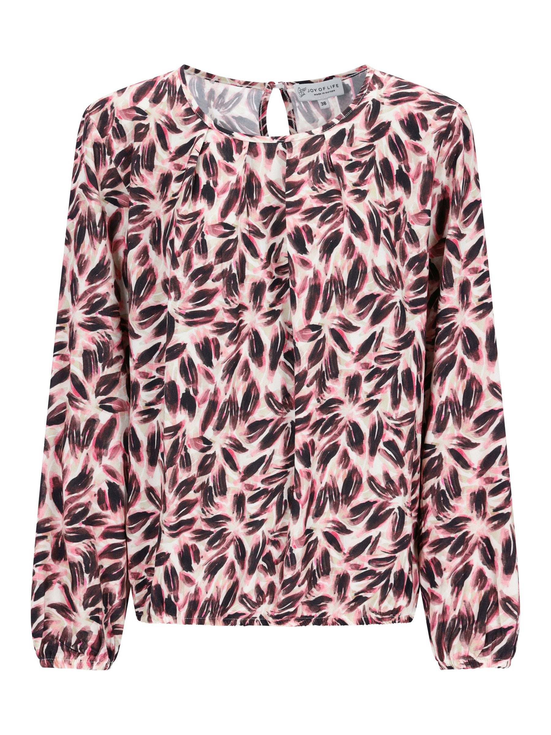 Rosa und schwarze bluse blütenprint mit schlüsselloch-ausschnitt und blattmuster aus leichtem material