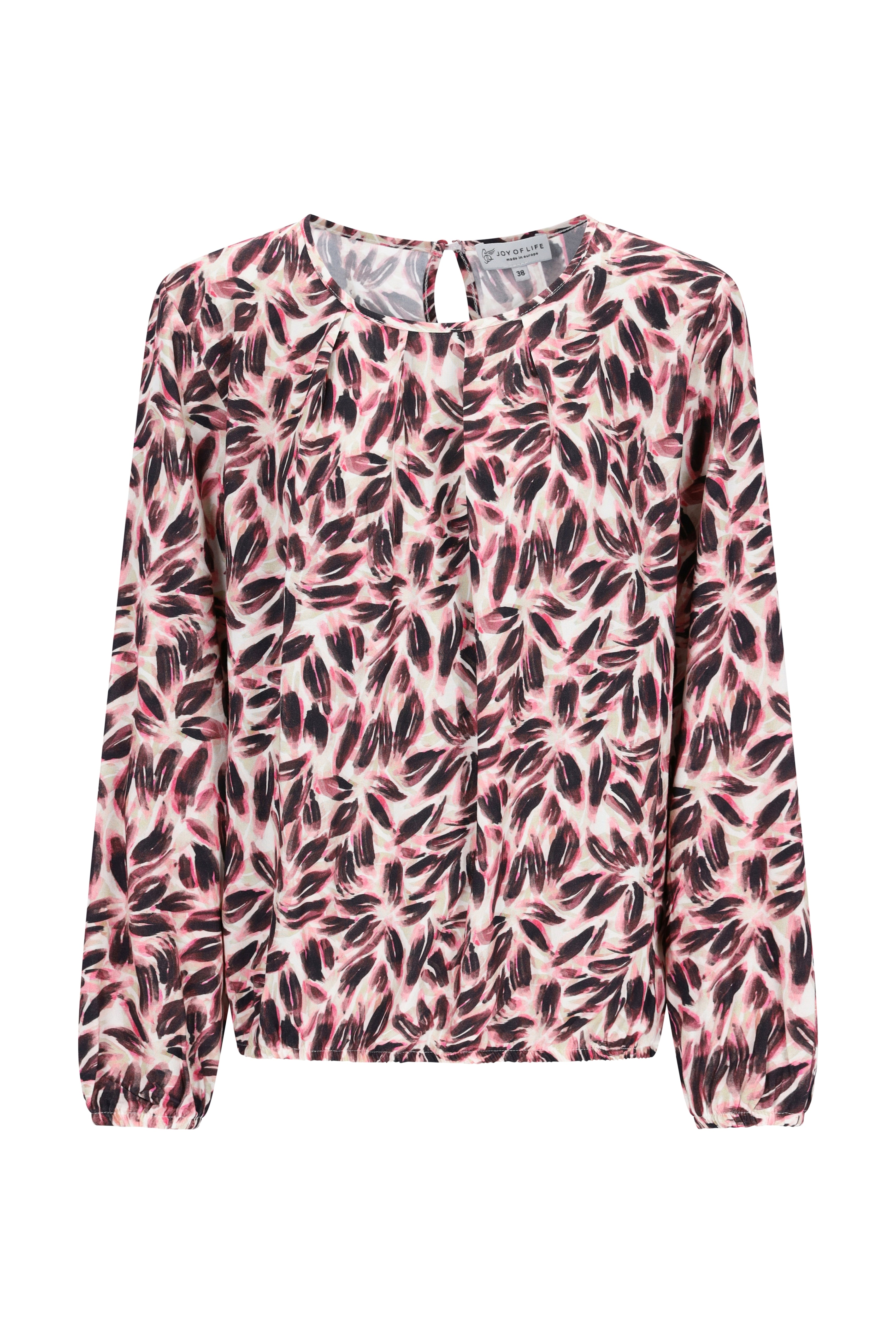 Rosa und schwarze bluse blütenprint mit blattmuster und keyhole-ausschnitt für elegante anlässe