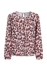 Rosa und schwarze bluse blütenprint mit blattmuster und keyhole-ausschnitt für elegante anlässe