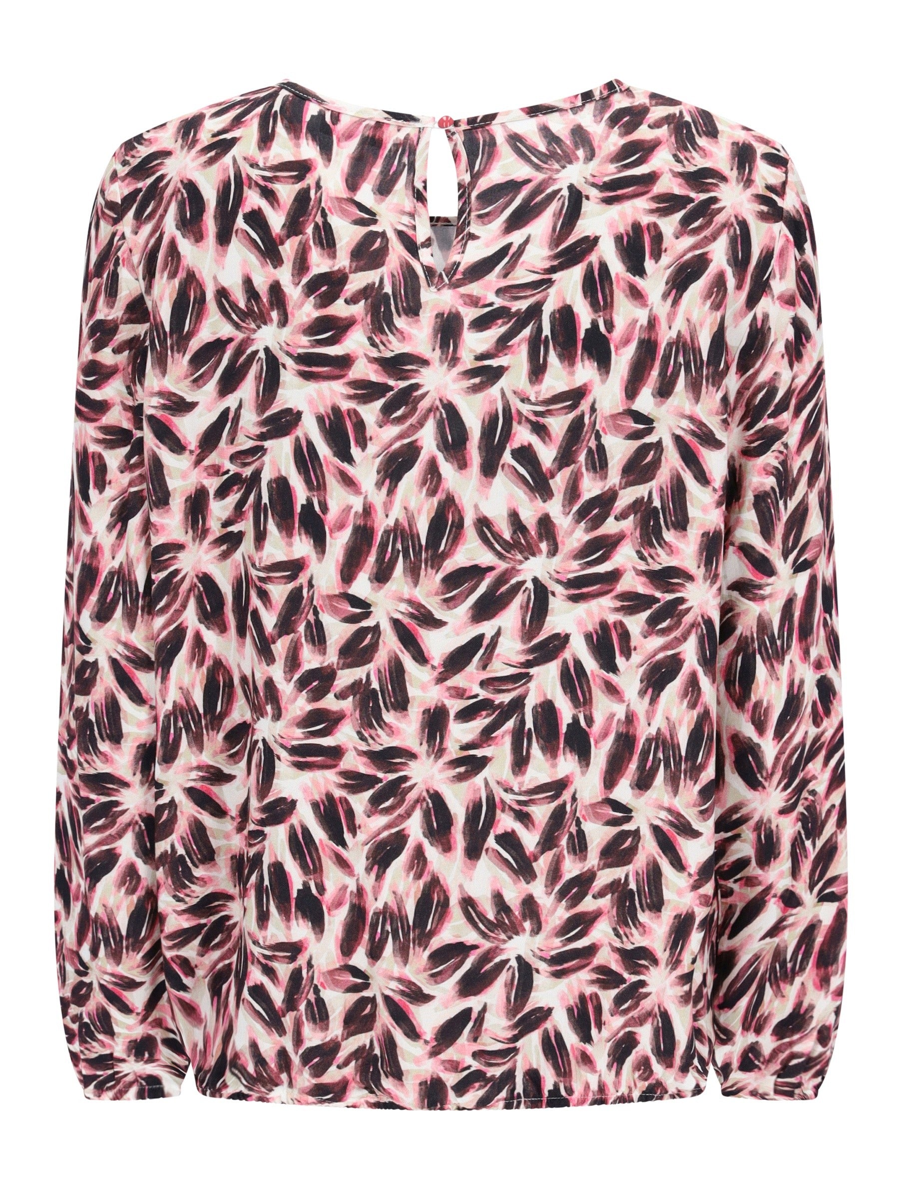 Rosa schwarze bluse blütenprint mit langarmen und schlüsselloch detail auf der rückseite