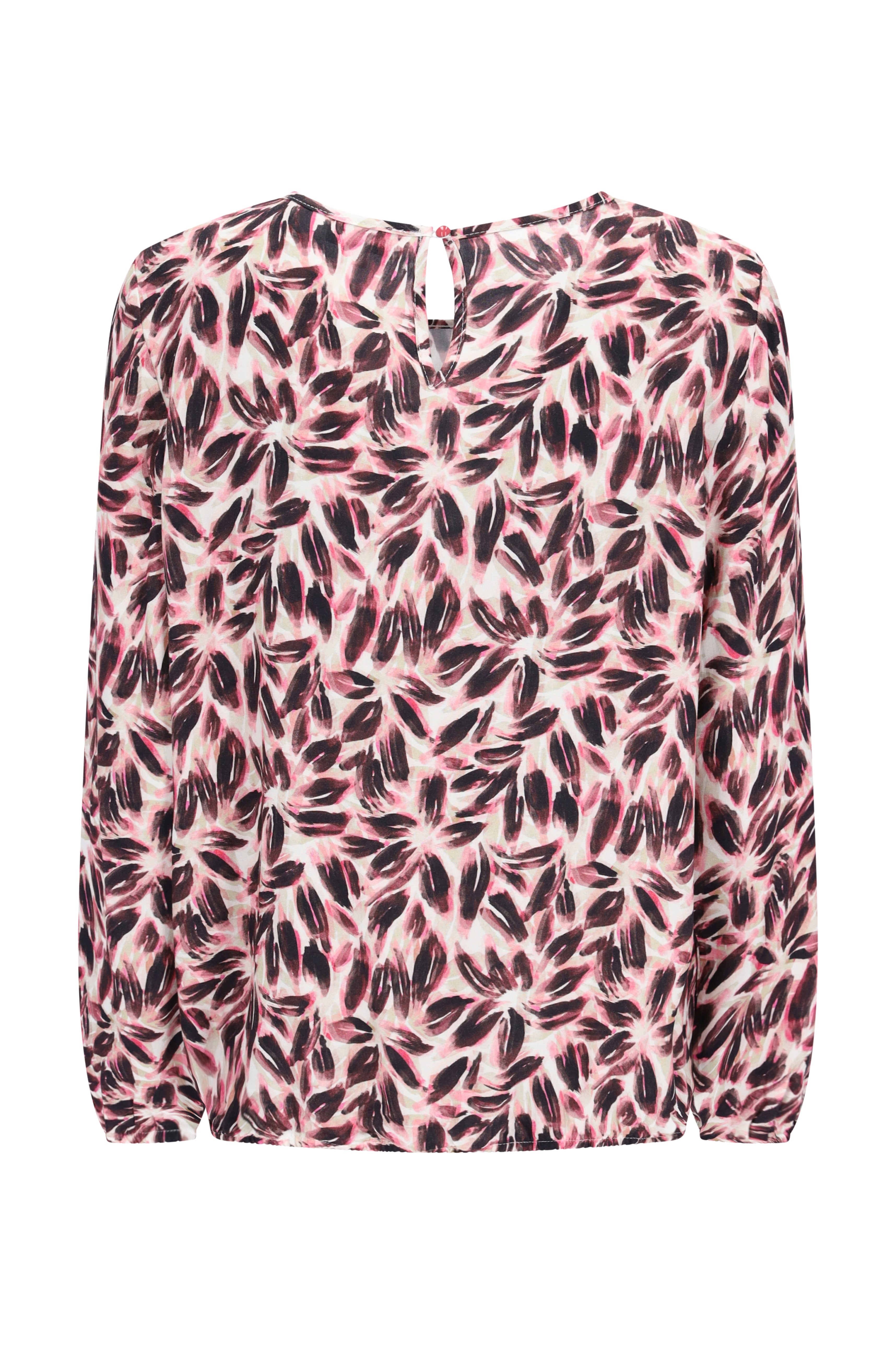 Rosa schwarze bluse blütenprint mit langen ärmeln und schlüsselloch-detail auf der rückseite